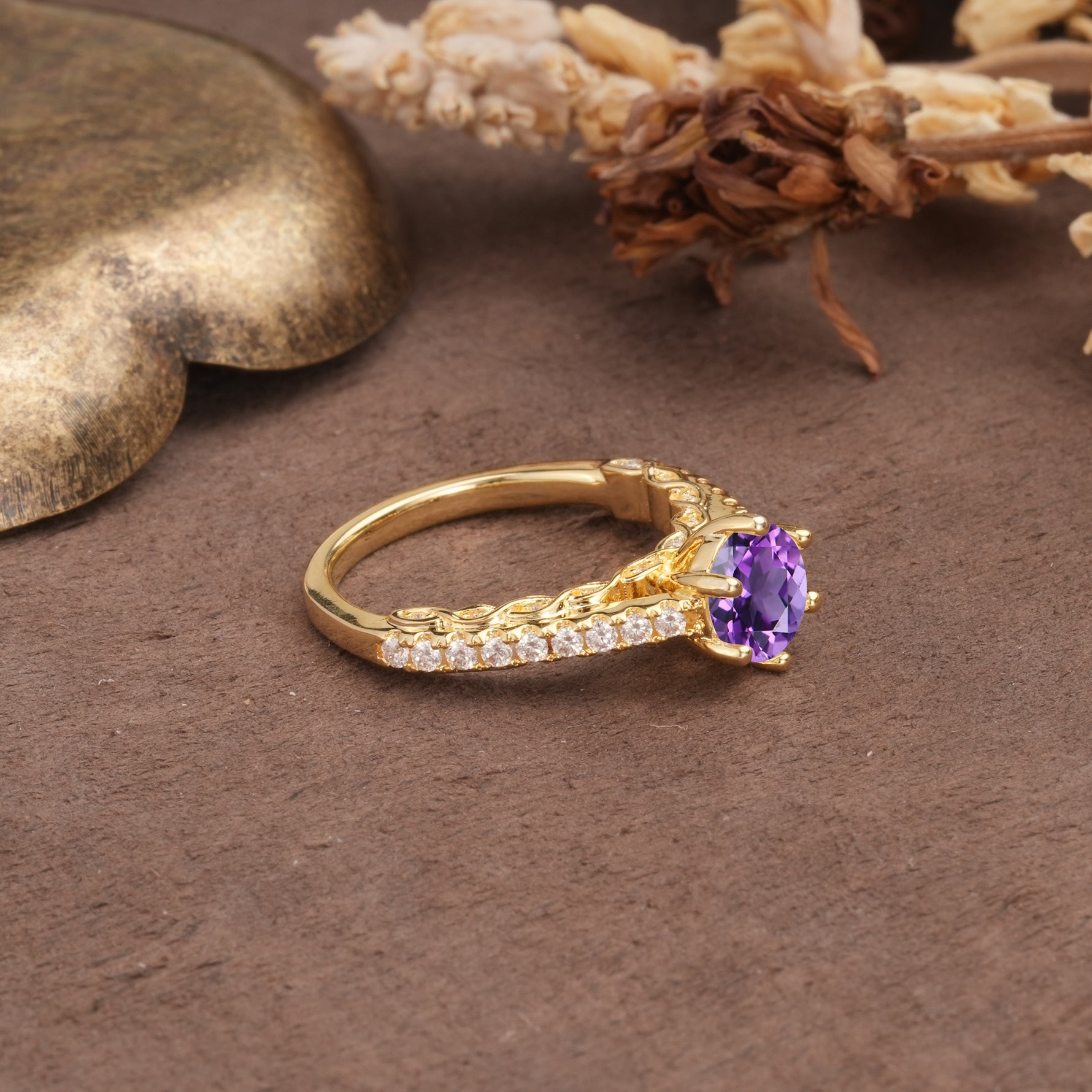 Minimalist Pavé 6-Prong Round Cut Amethyst Engagement Ring - Additional view