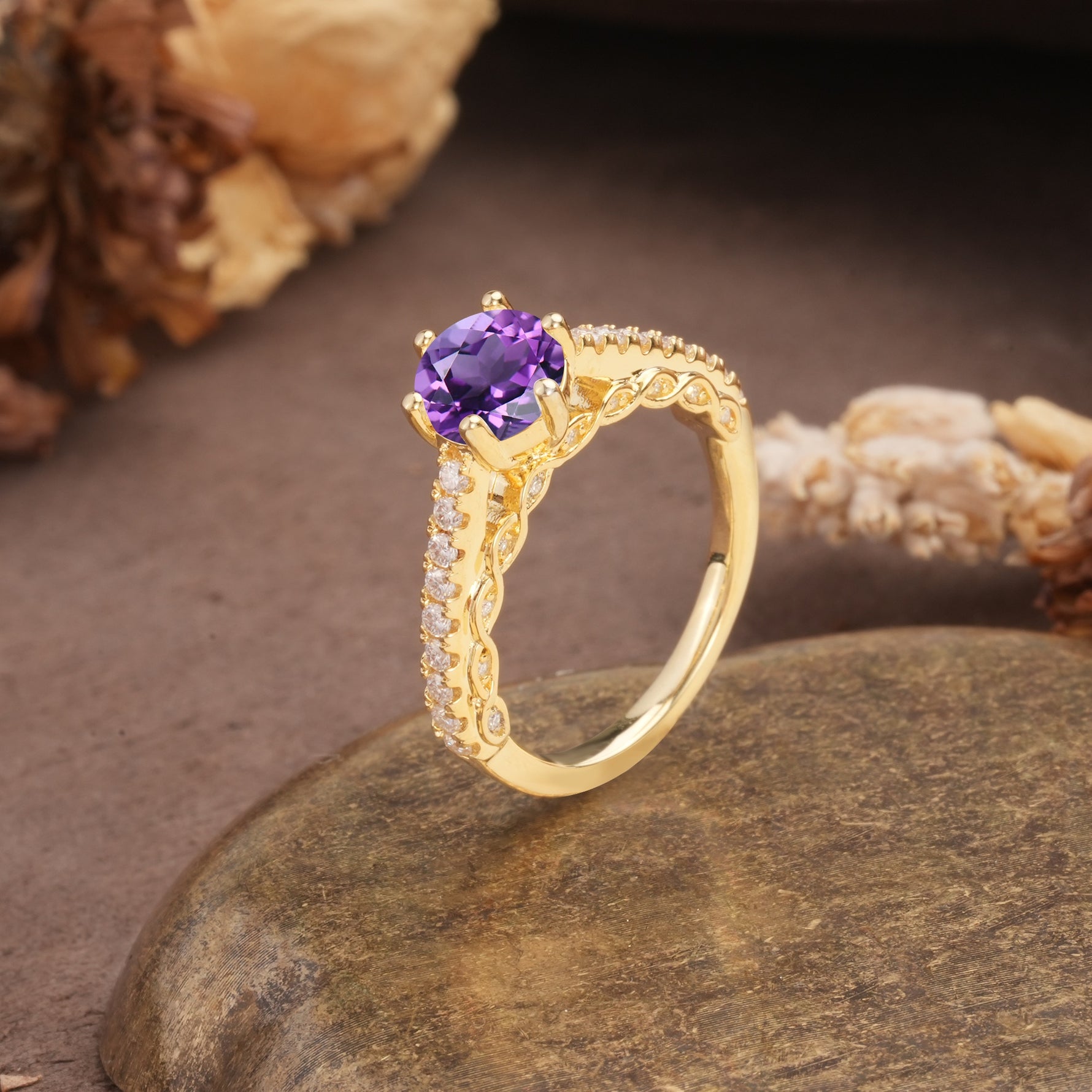 Minimalist Pavé 6-Prong Round Cut Amethyst Engagement Ring - Additional view
