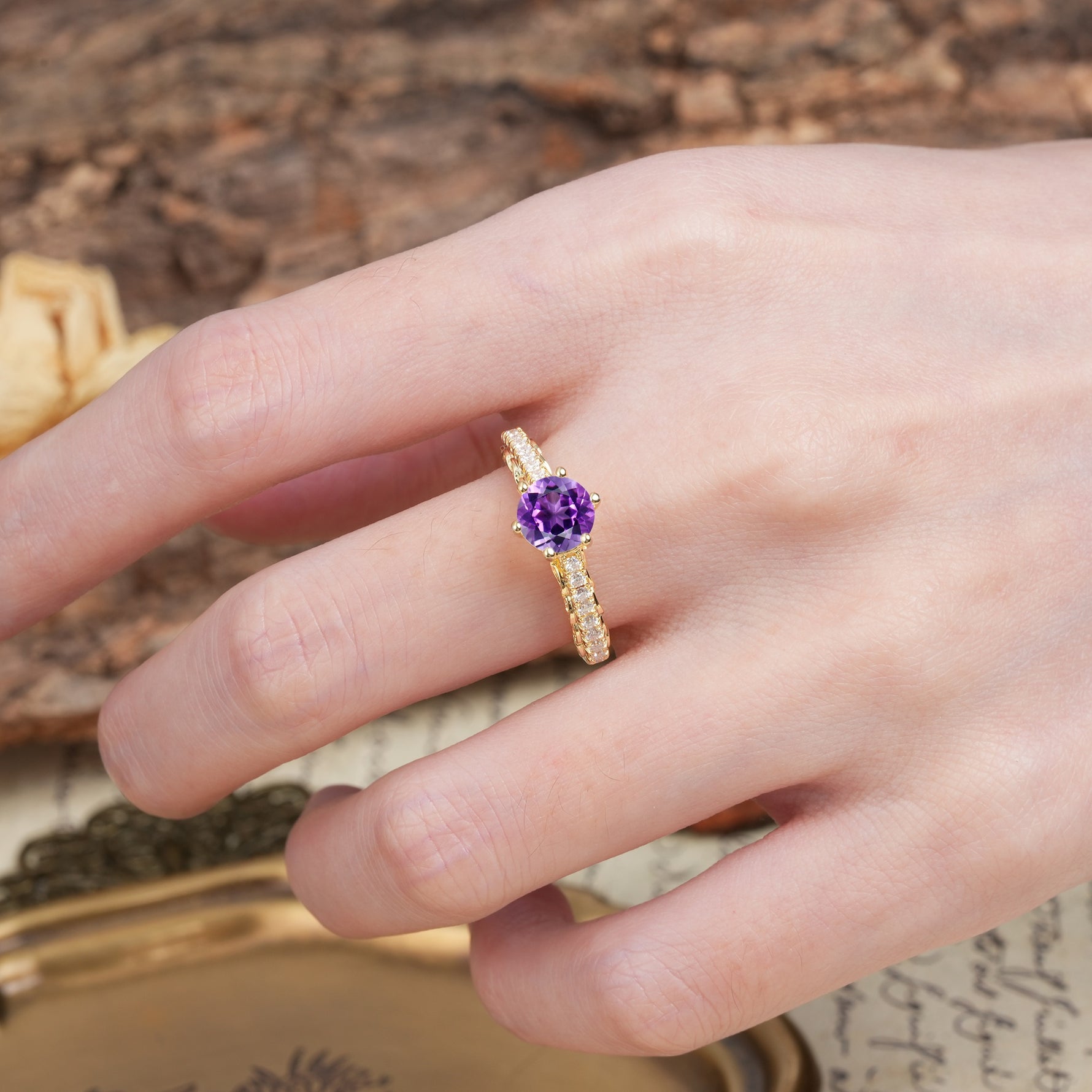 Minimalist Pavé 6-Prong Round Cut Amethyst Engagement Ring - Additional view
