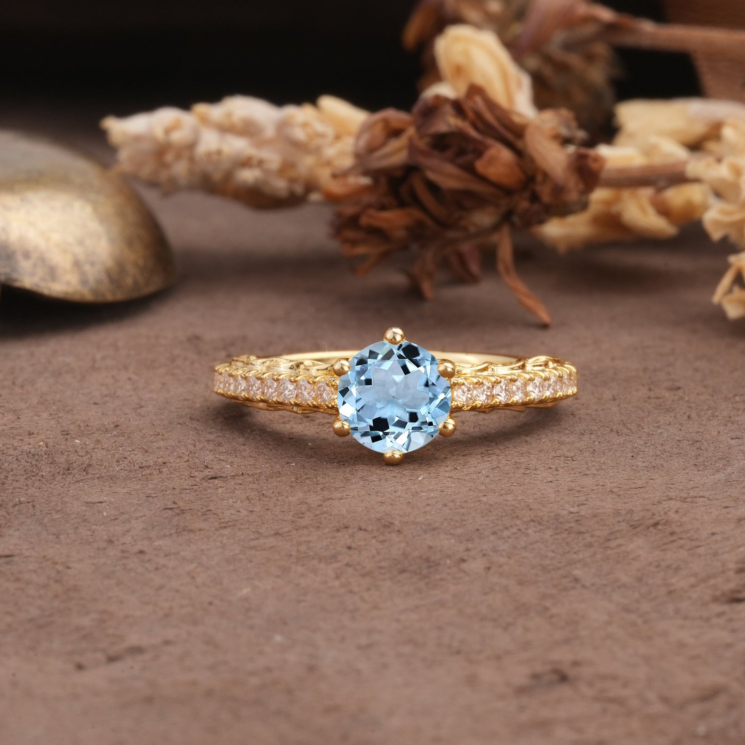 Minimalist Pavé 6-Prong Round Cut Aquamarine Engagement Ring