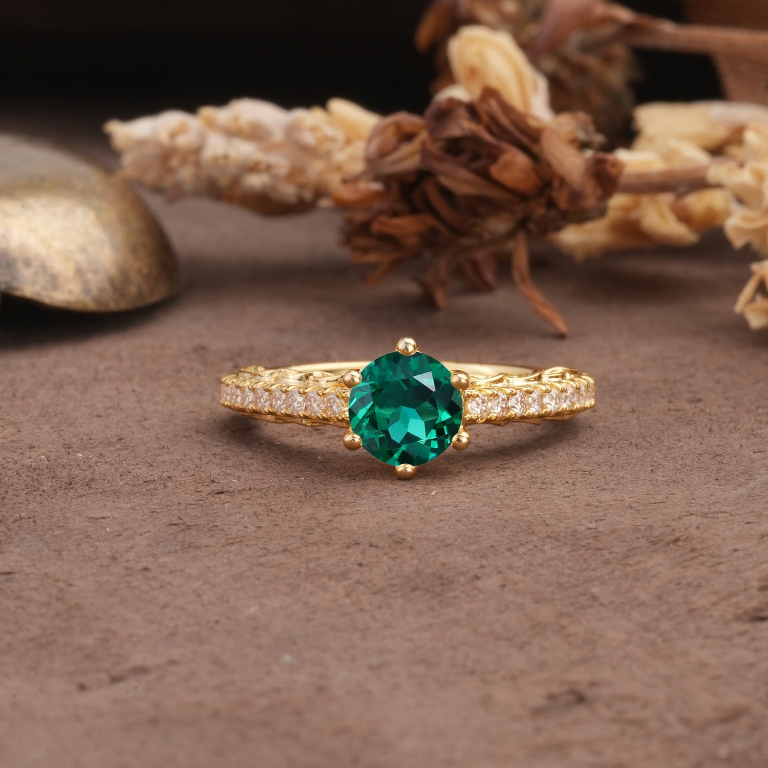 Minimalist Pavé 6-Prong Round Cut Emerald Engagement Ring - Additional view