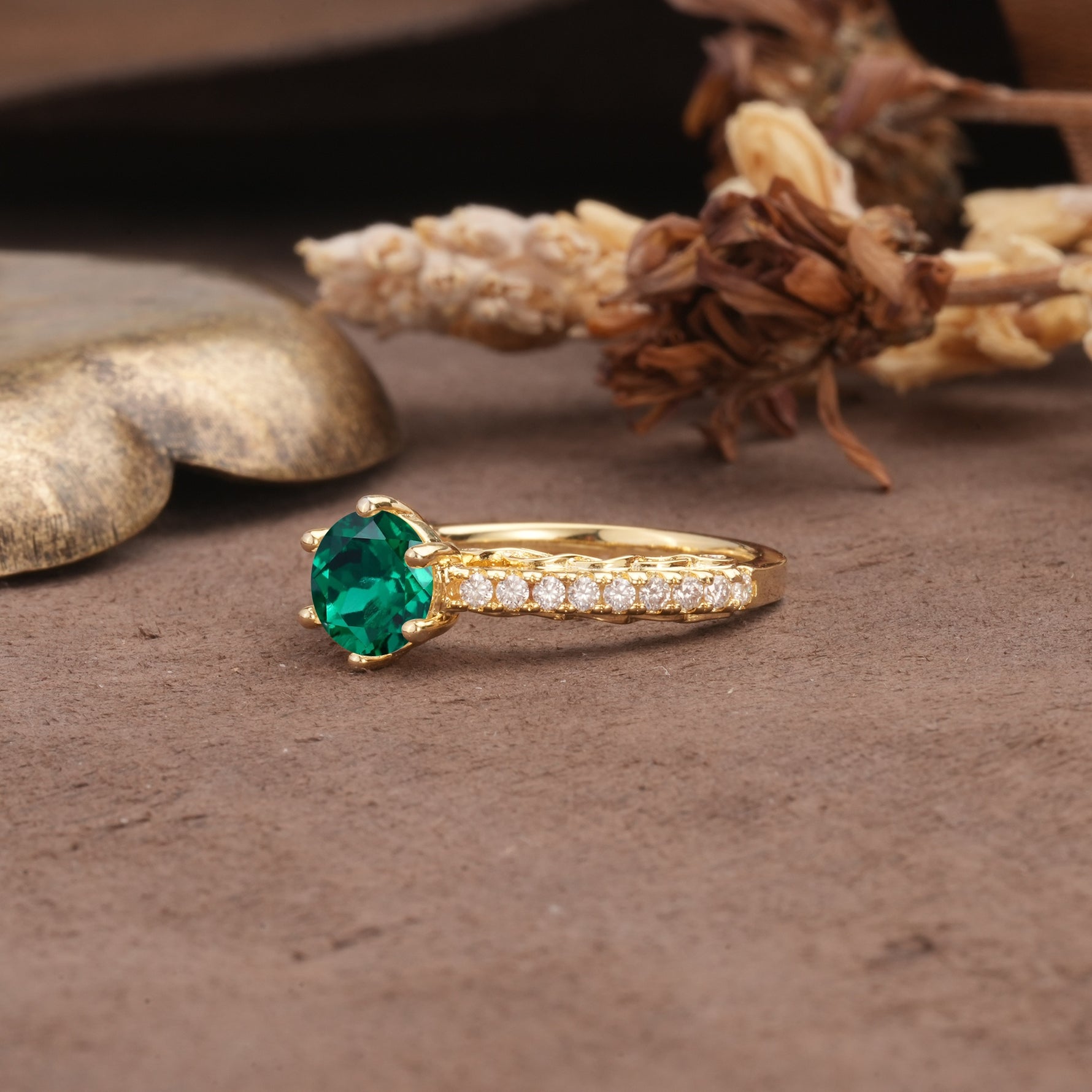 Minimalist Pavé 6-Prong Round Cut Emerald Engagement Ring - Additional view