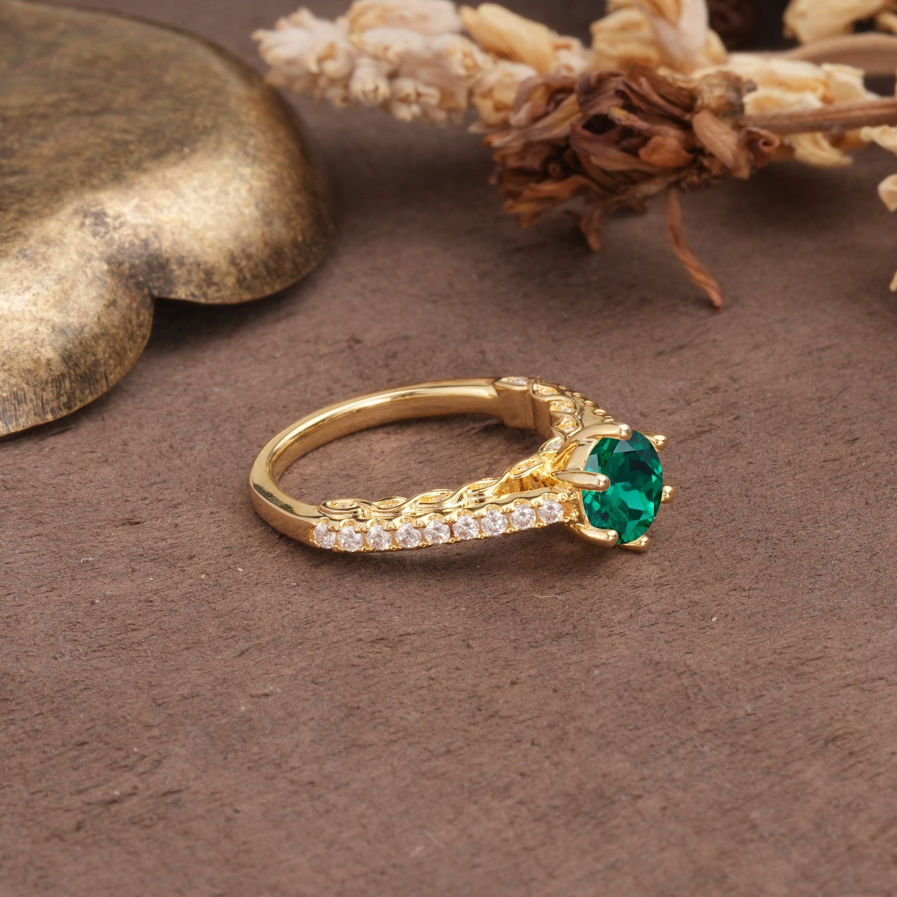Minimalist Pavé 6-Prong Round Cut Emerald Engagement Ring - Additional view