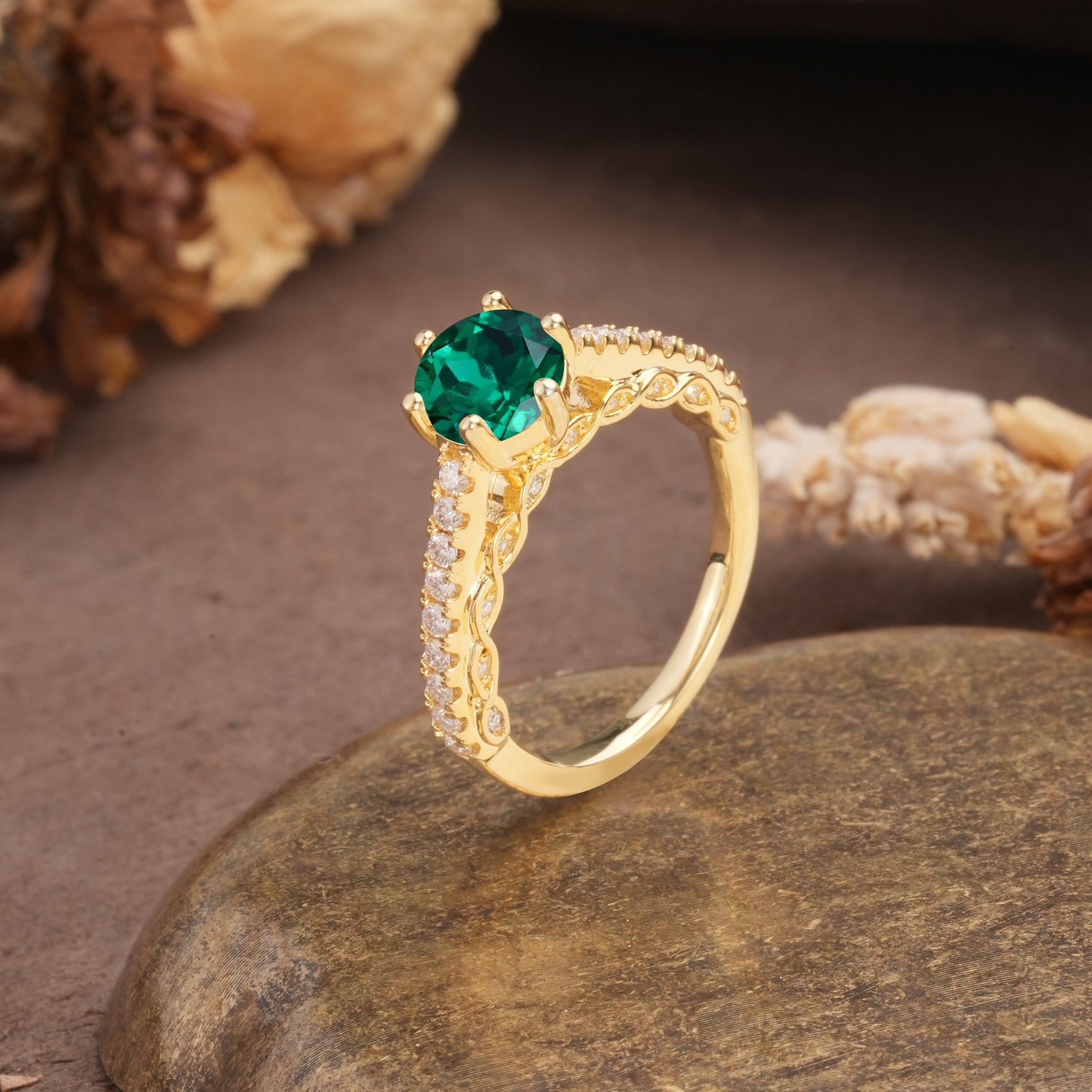 Minimalist Pavé 6-Prong Round Cut Emerald Engagement Ring - Additional view