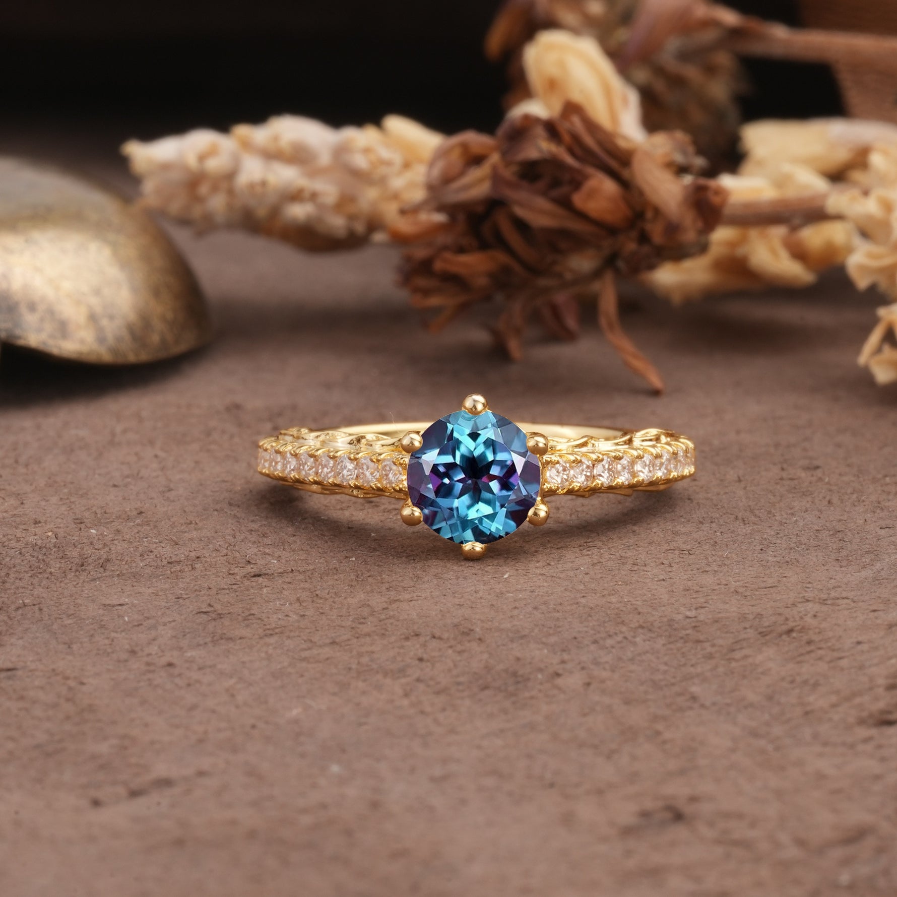 Minimalist Pavé 6-Prong Round Cut Alexandrite Engagement Ring - Additional view