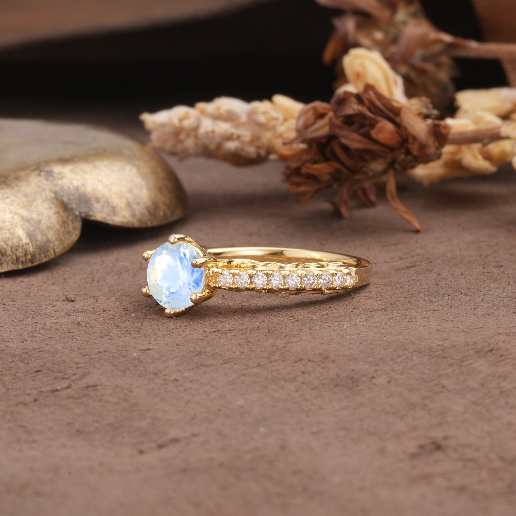 Minimalist Pavé 6-Prong Round Cut Moonstone Engagement Ring - Additional view