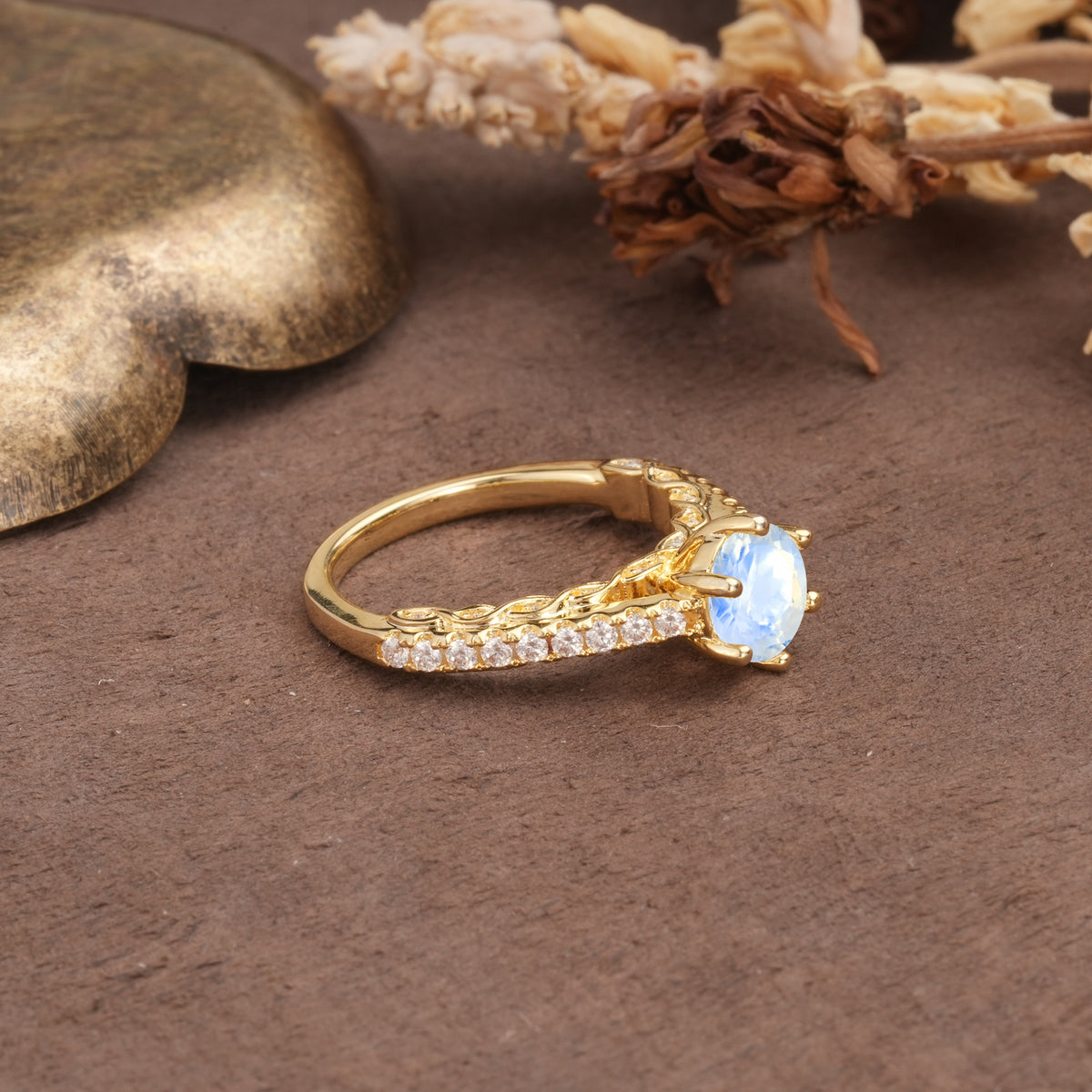 Minimalist Pavé 6-Prong Round Cut Moonstone Engagement Ring - Additional view