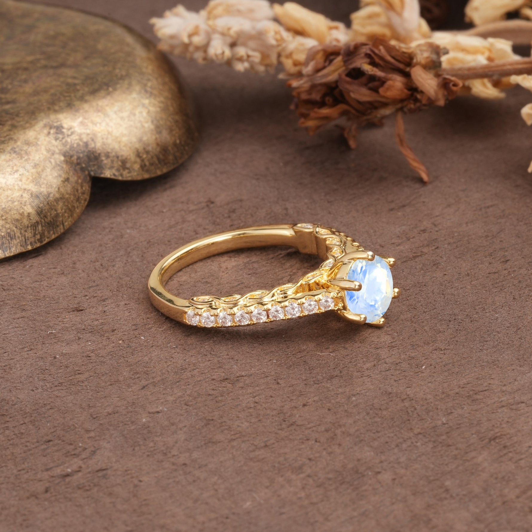 Minimalist Pavé 6-Prong Round Cut Moonstone Engagement Ring - Additional view