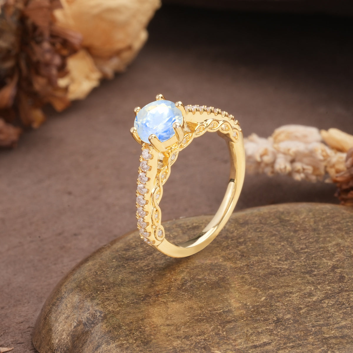 Minimalist Pavé 6-Prong Round Cut Moonstone Engagement Ring - Additional view
