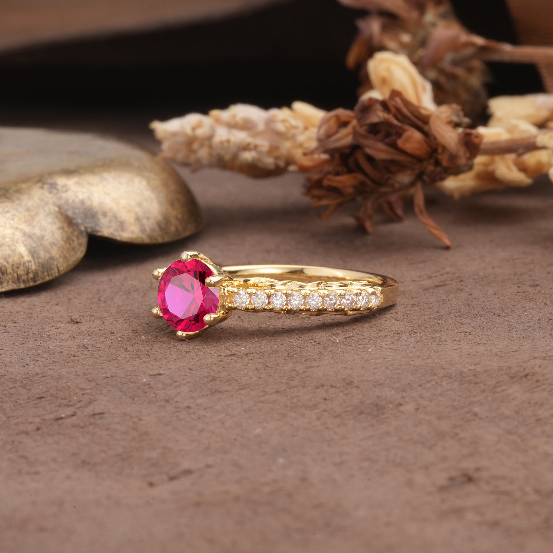 Minimalist Pavé 6-Prong Round Cut Ruby Engagement Ring - Additional view