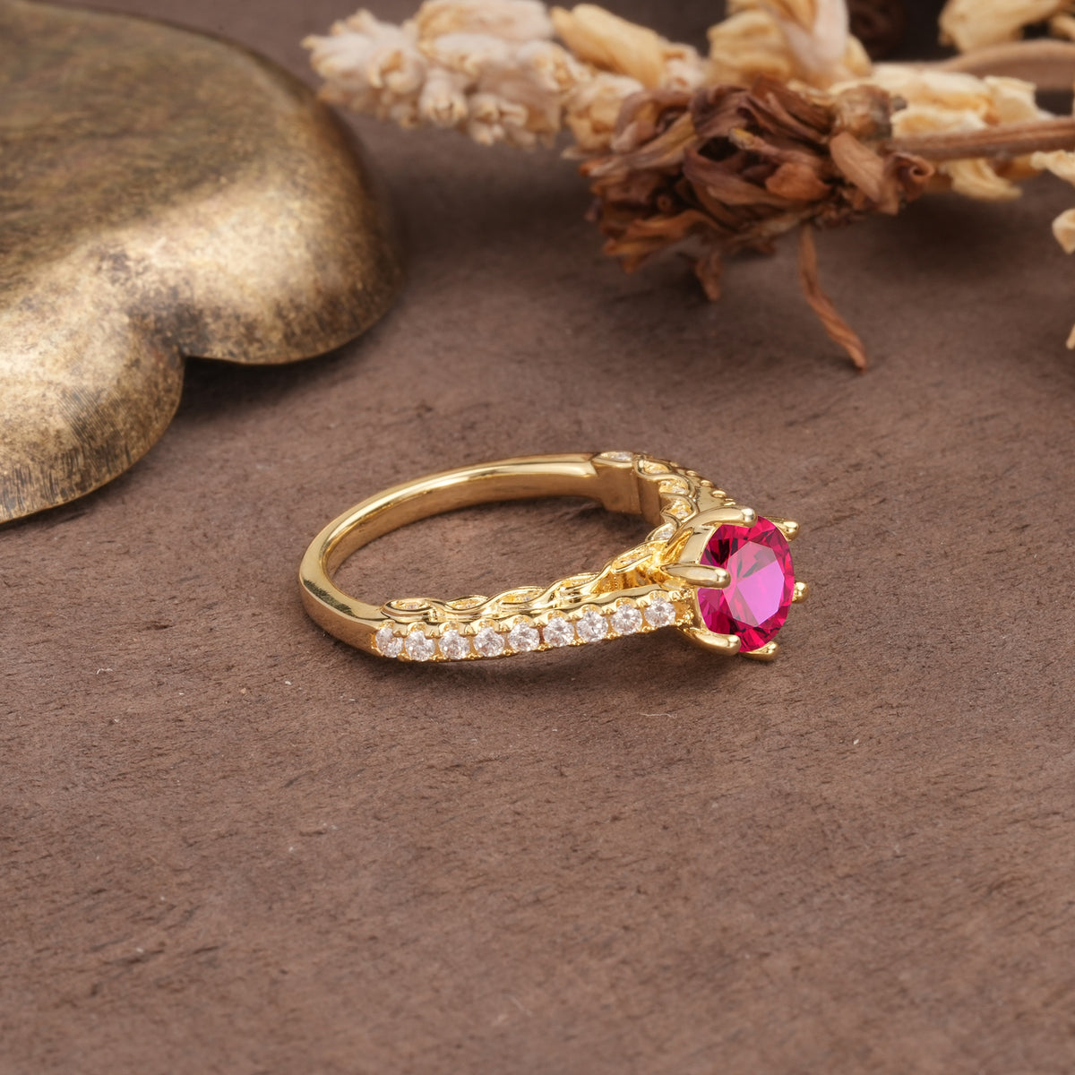 Minimalist Pavé 6-Prong Round Cut Ruby Engagement Ring - Additional view