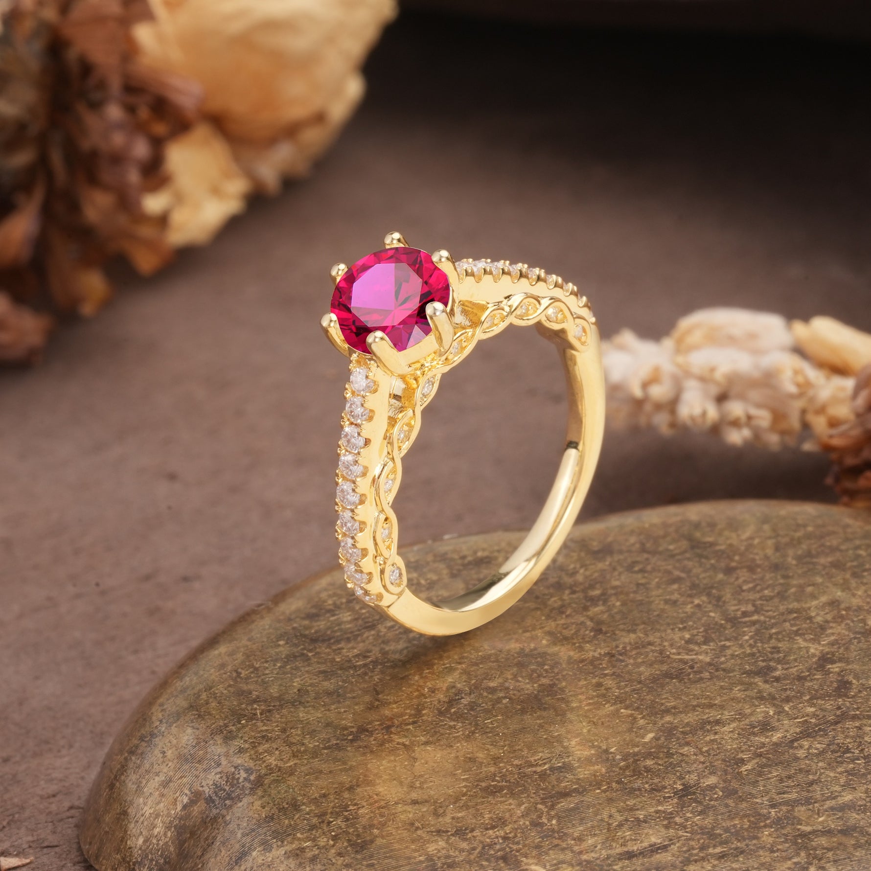 Minimalist Pavé 6-Prong Round Cut Ruby Engagement Ring - Additional view