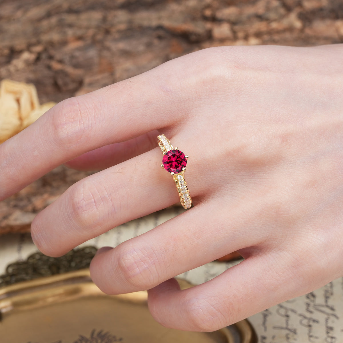 Minimalist Pavé 6-Prong Round Cut Ruby Engagement Ring - Additional view