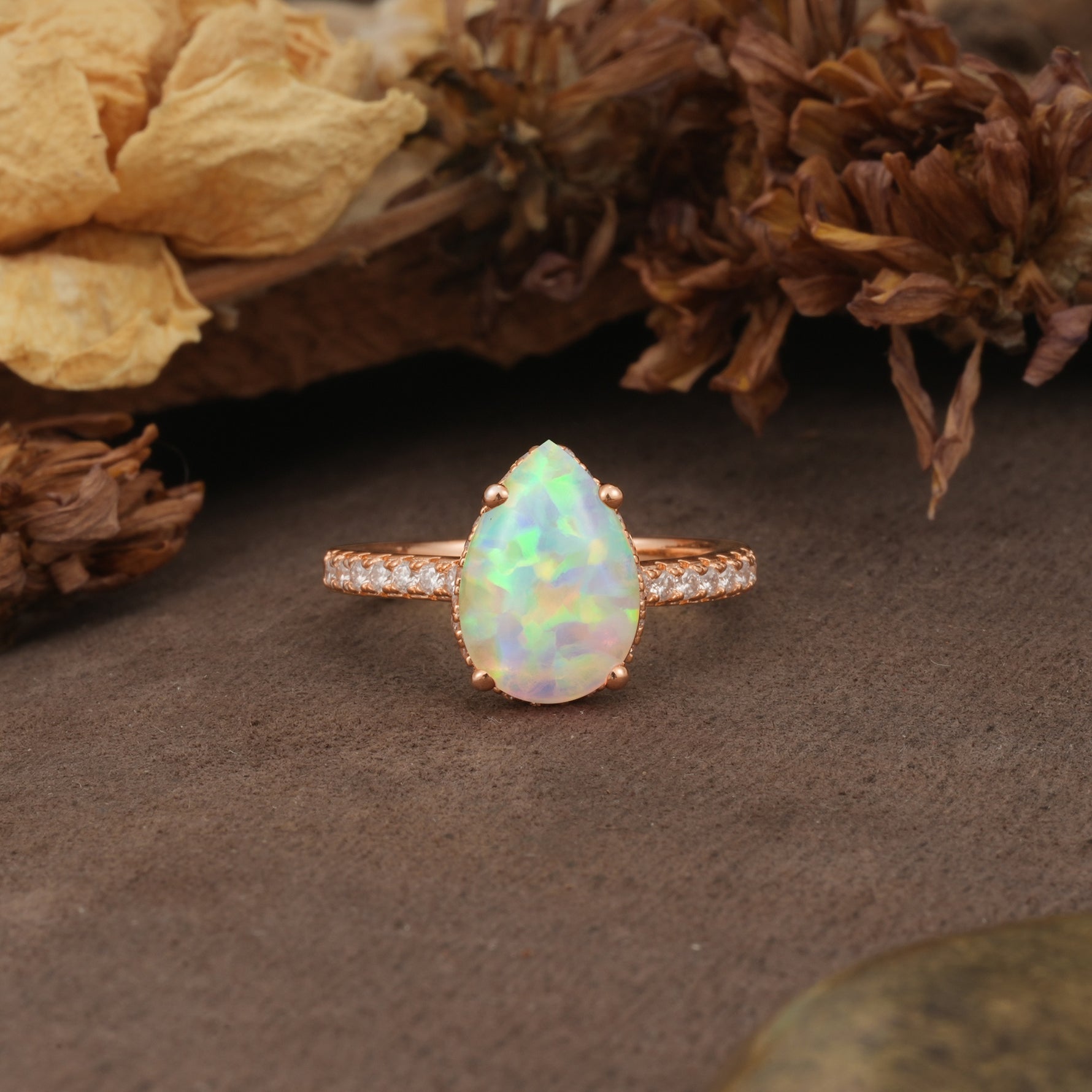 Classic Luxury 4 Prong Pear Cut Fire Opal Engagement Ring - Additional view