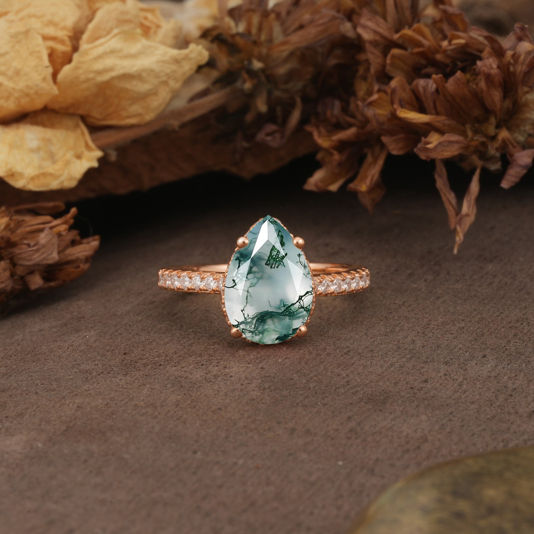 Classic Luxury 4 Prong Pear Cut Moss Agate Engagement Ring - Additional view
