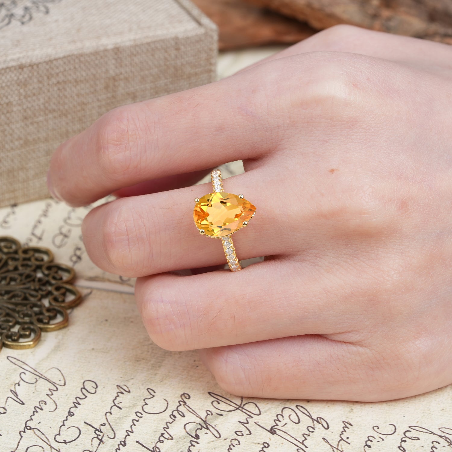 Classic Luxury 4 Prong Pear Cut Citrine Engagement Ring