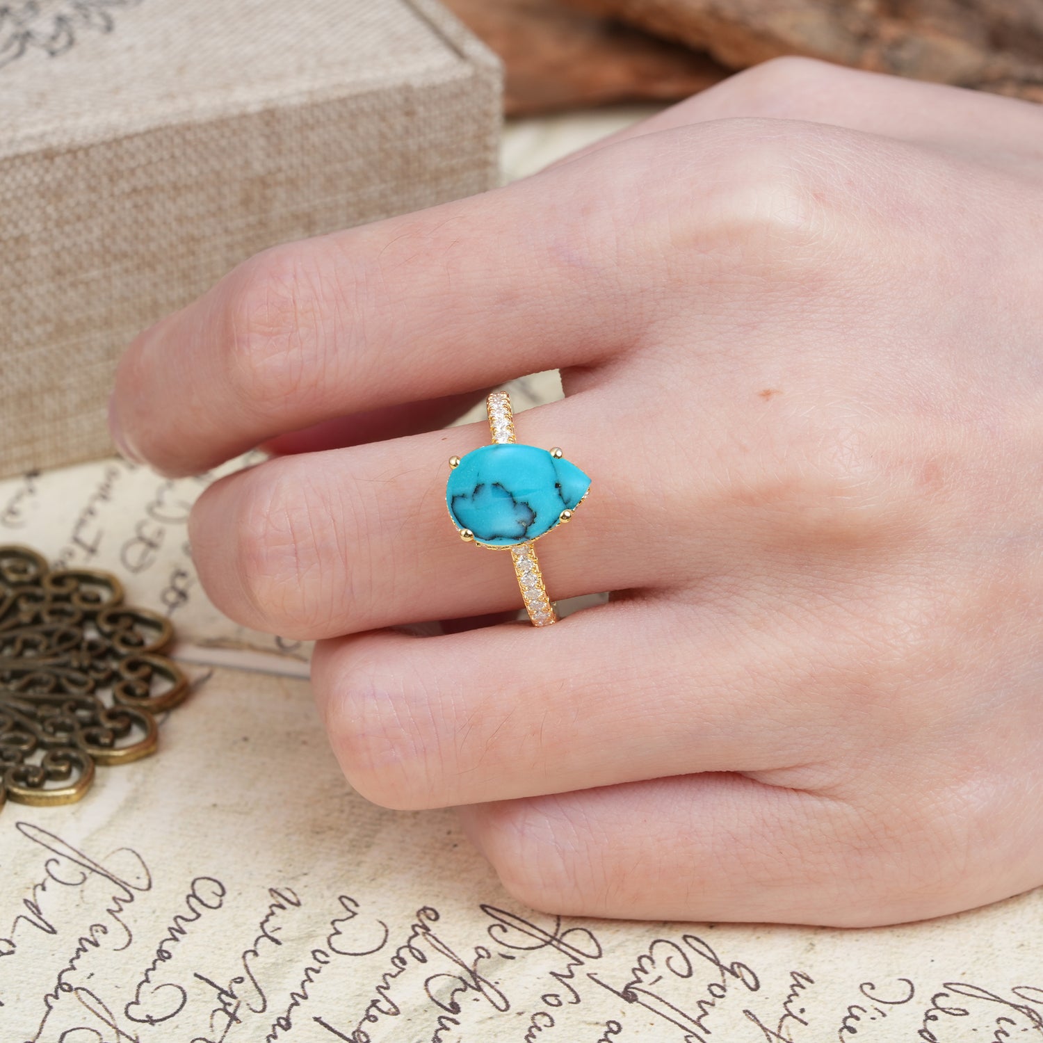 Classic Luxury 4 Prong Pear Cut Turquoise Engagement Ring