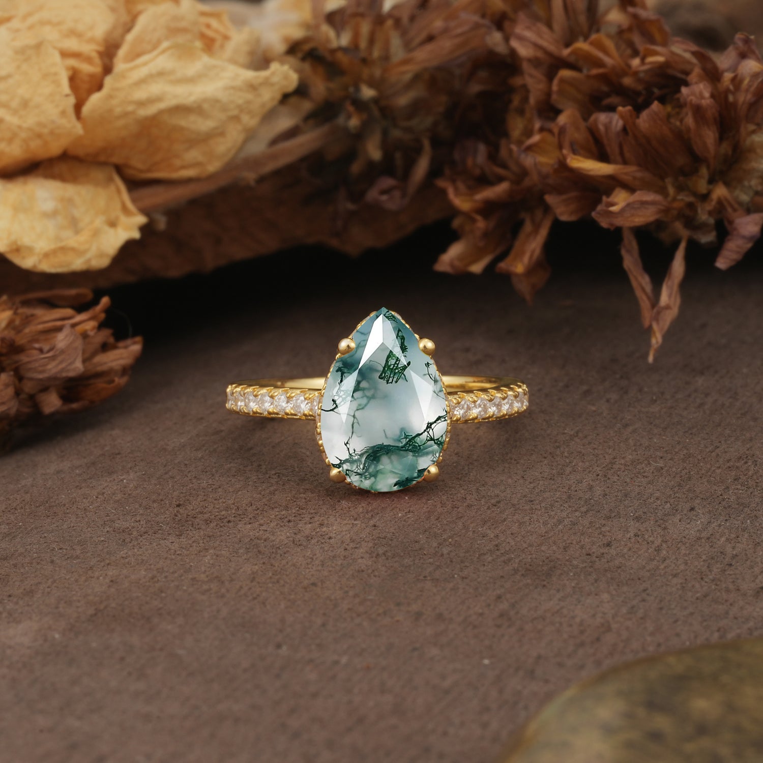 Classic Luxury 4 Prong Pear Cut Moss Agate Engagement Ring