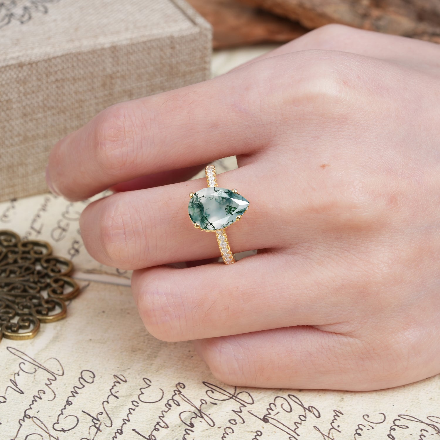 Classic Luxury 4 Prong Pear Cut Moss Agate Engagement Ring