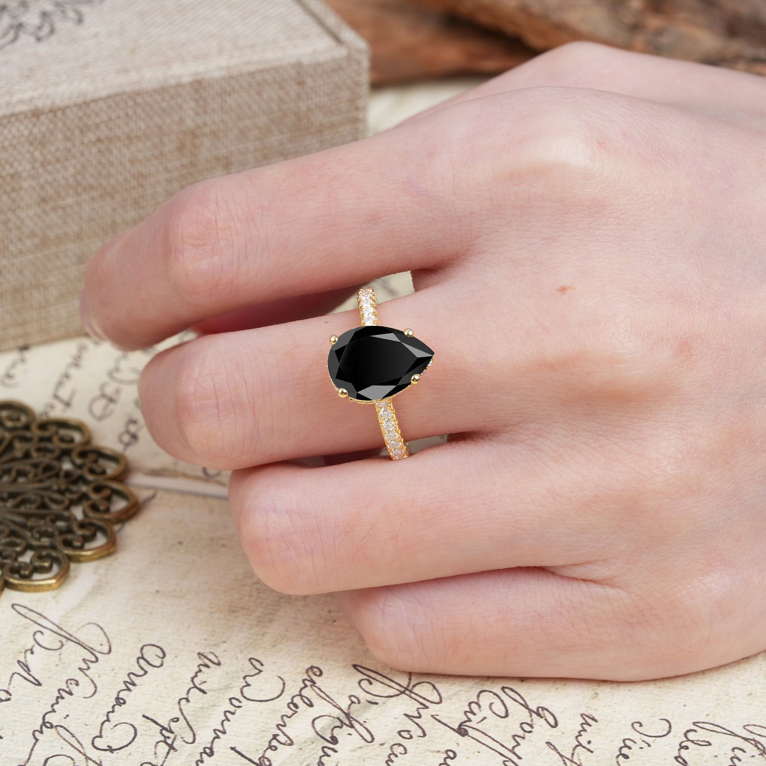 Classic Luxury 4 Prong Pear Cut Black Onyx Engagement Ring