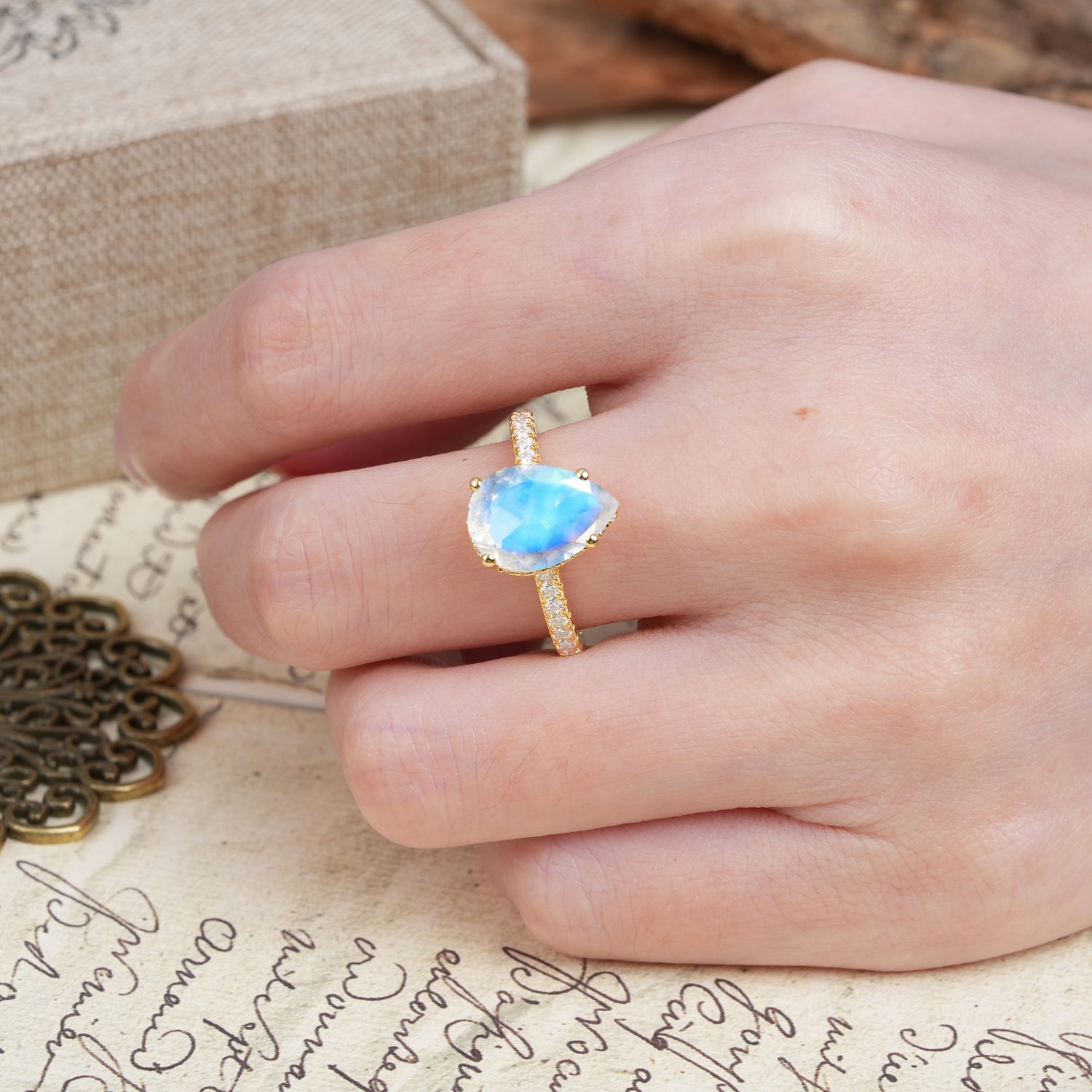 Classic Luxury 4 Prong Pear Cut Moonstone Engagement Ring