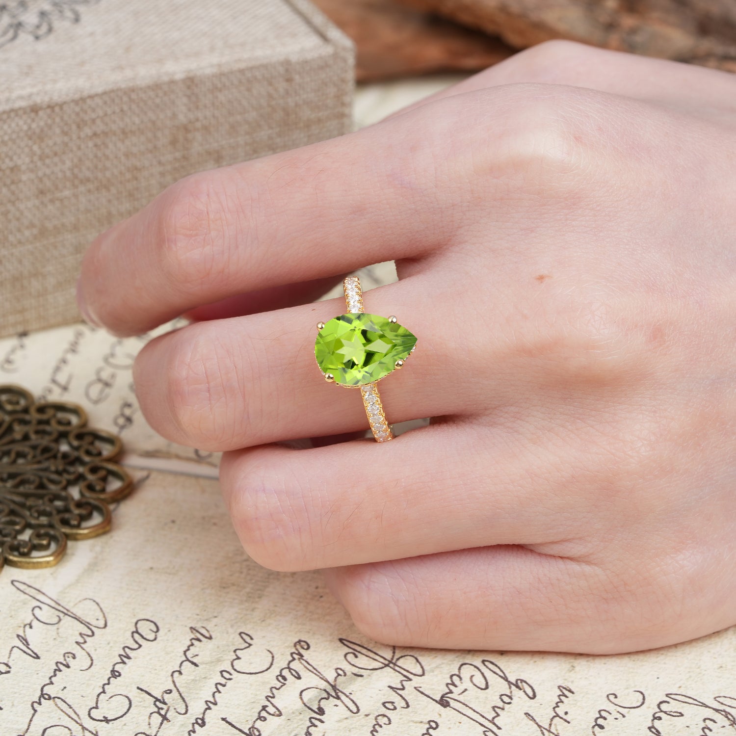 Classic Luxury 4 Prong Pear Cut Peridot Engagement Ring