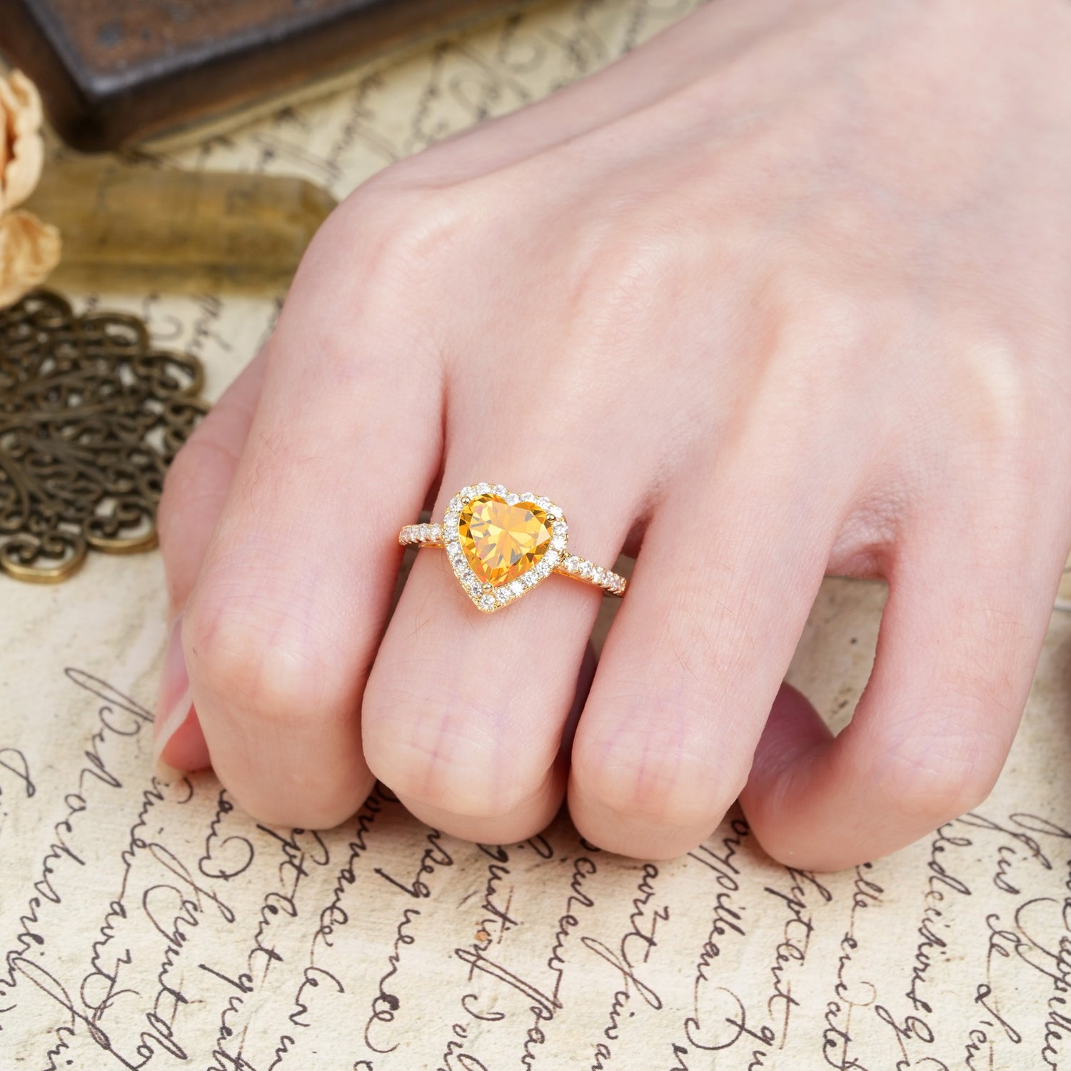 Luxurious & Romantic 3-Prong Heart Cut Citrine Engagement Ring - Additional view