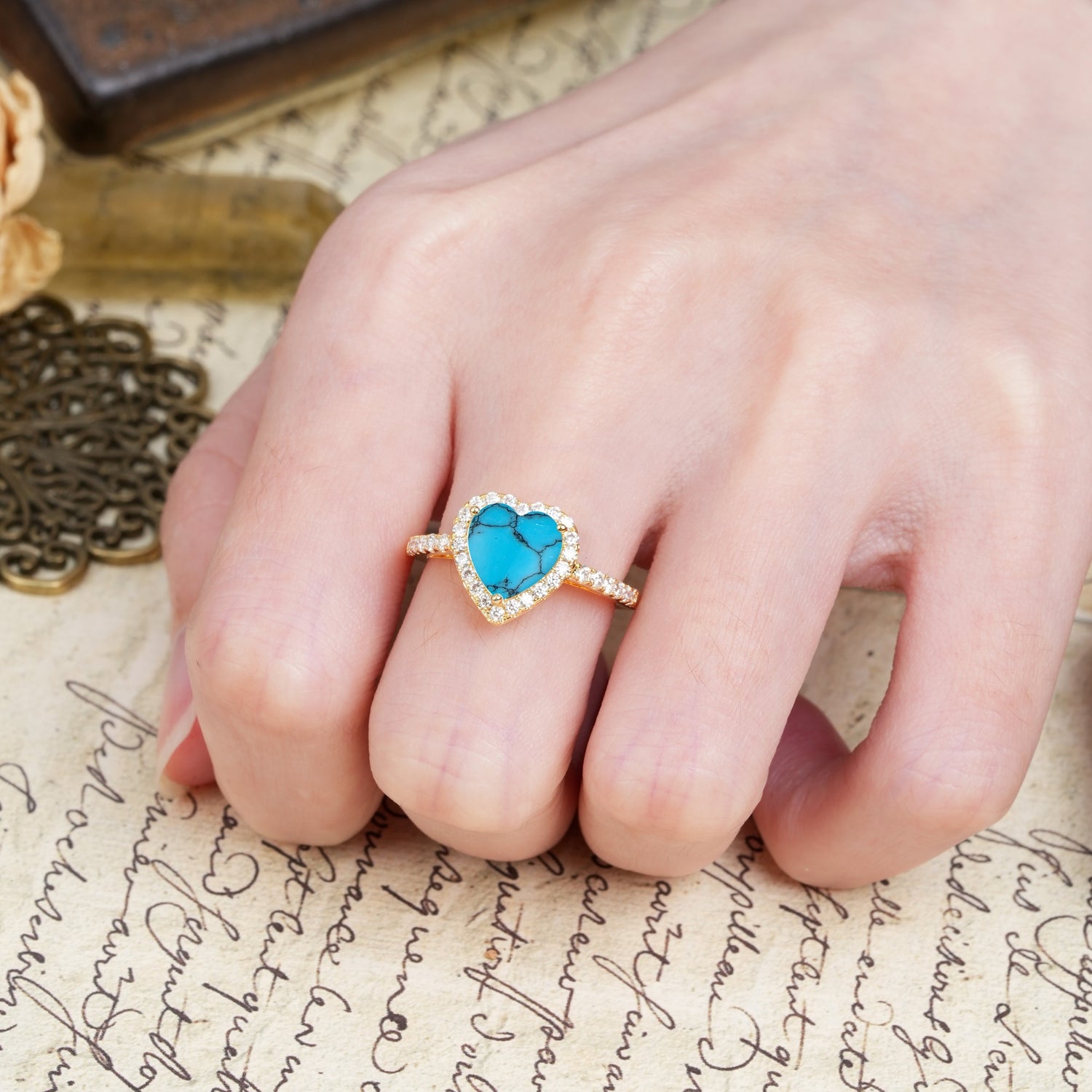 Luxurious & Romantic 3-Prong Heart Cut Turquoise Engagement Ring - Additional view
