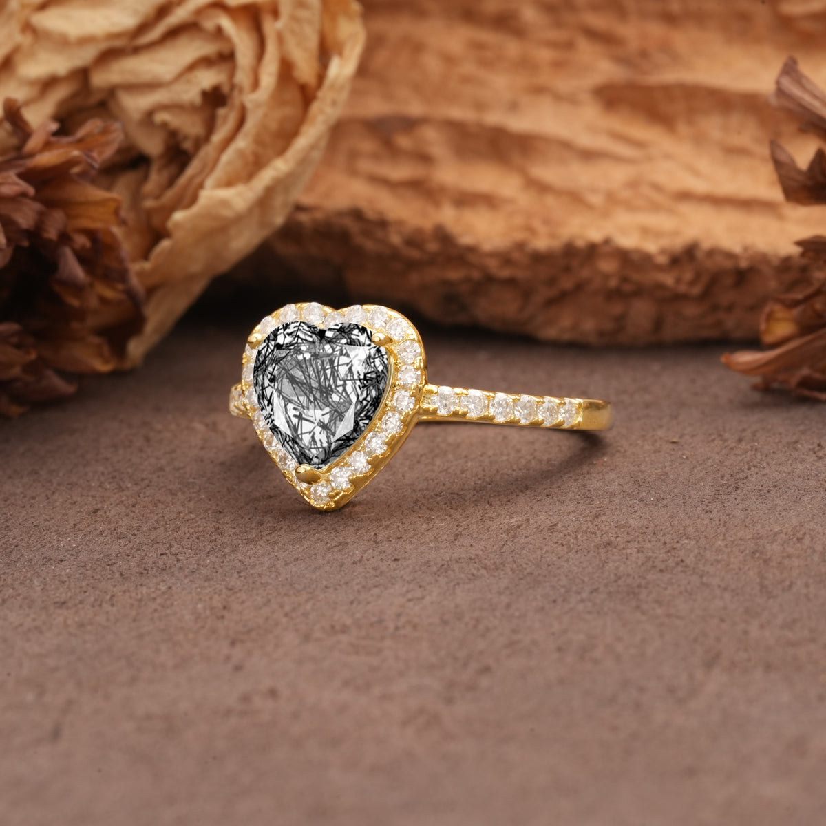 Luxurious & Romantic 3-Prong Heart Cut Black Rutilated Quartz Engagement Ring - Additional view