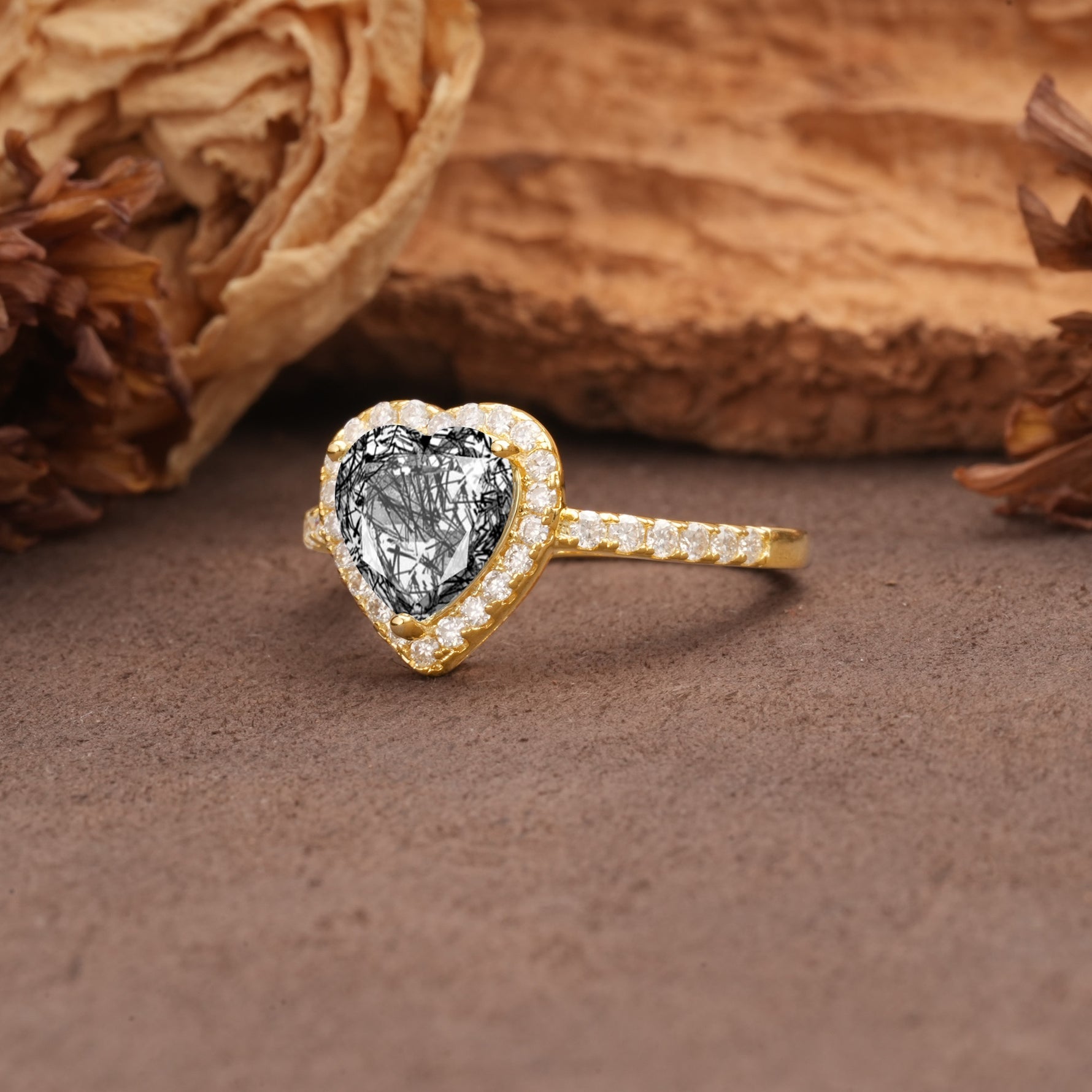 Luxurious & Romantic 3-Prong Heart Cut Black Rutilated Quartz Engagement Ring - Additional view