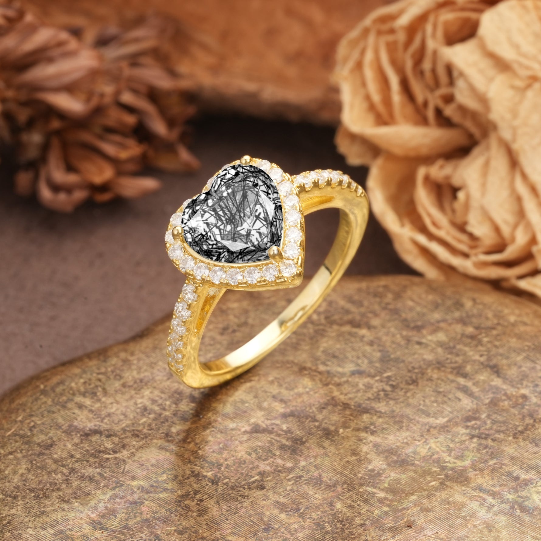 Luxurious & Romantic 3-Prong Heart Cut Black Rutilated Quartz Engagement Ring - Additional view