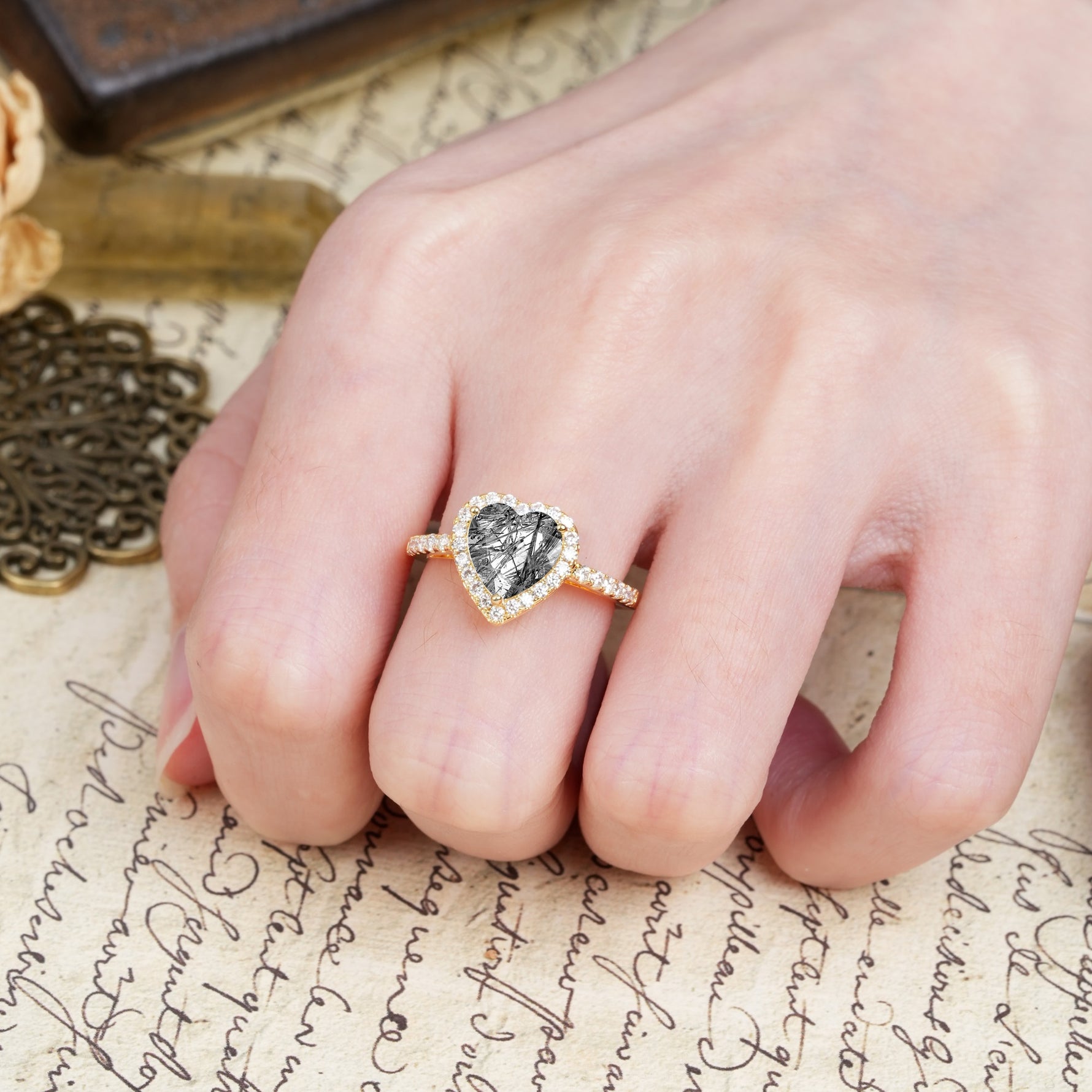 Luxurious & Romantic 3-Prong Heart Cut Black Rutilated Quartz Engagement Ring - Additional view