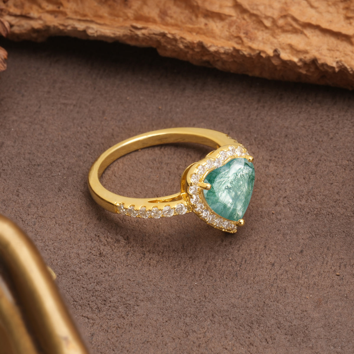 Luxurious & Romantic 3-Prong Heart Cut Moss Agate Engagement Ring - Additional view