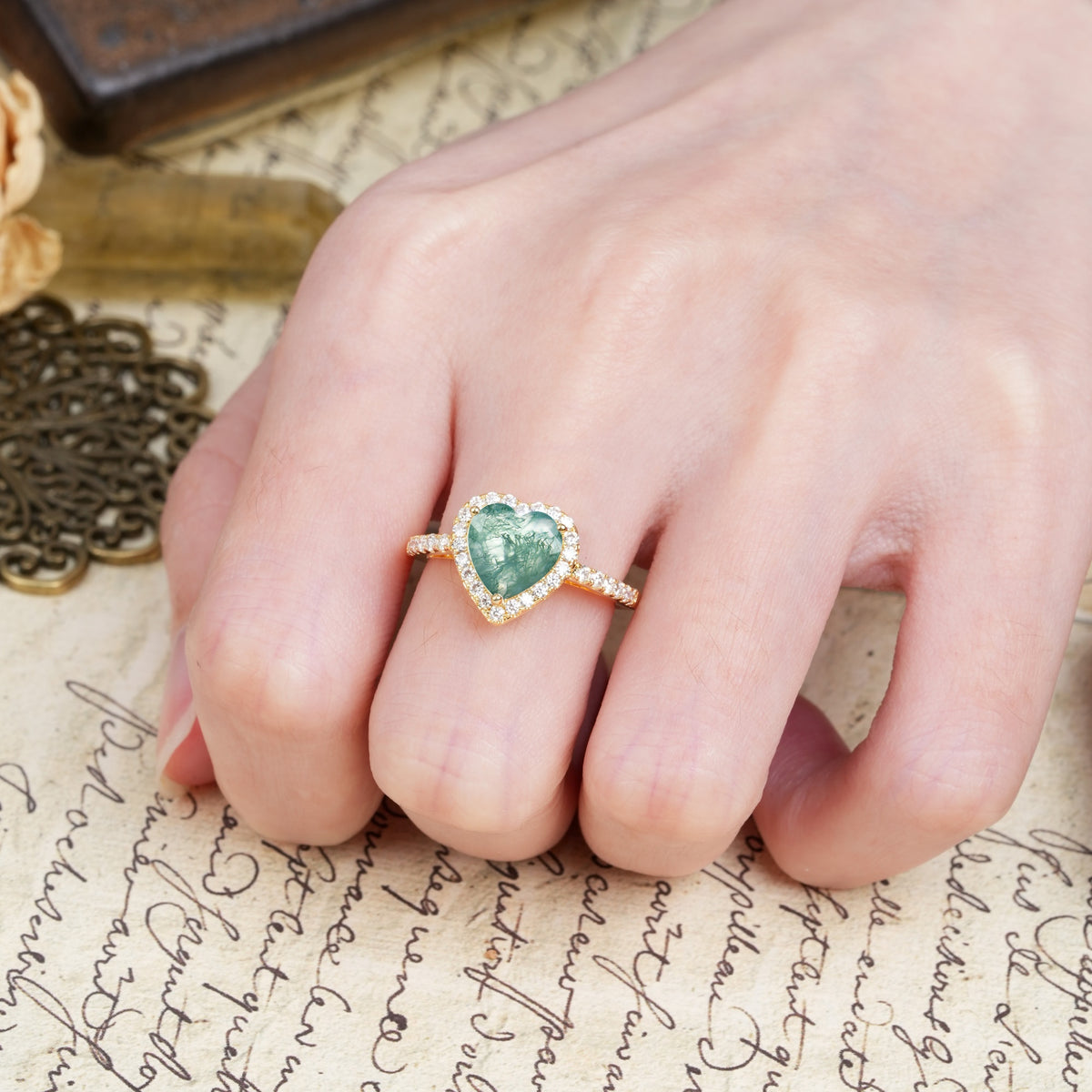 Luxurious & Romantic 3-Prong Heart Cut Moss Agate Engagement Ring - Additional view