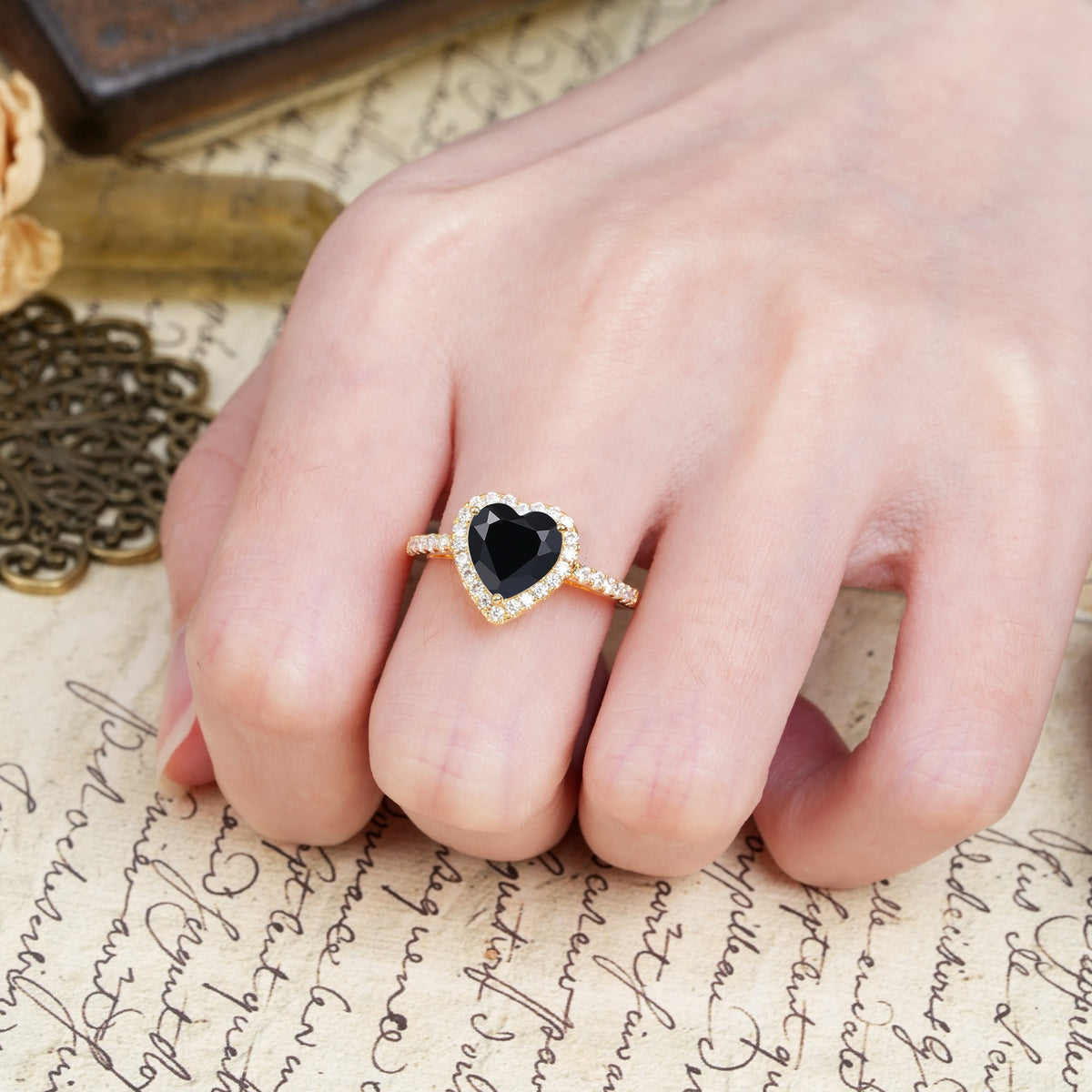 Luxurious & Romantic 3-Prong Heart Cut Black Onyx Engagement Ring - Additional view