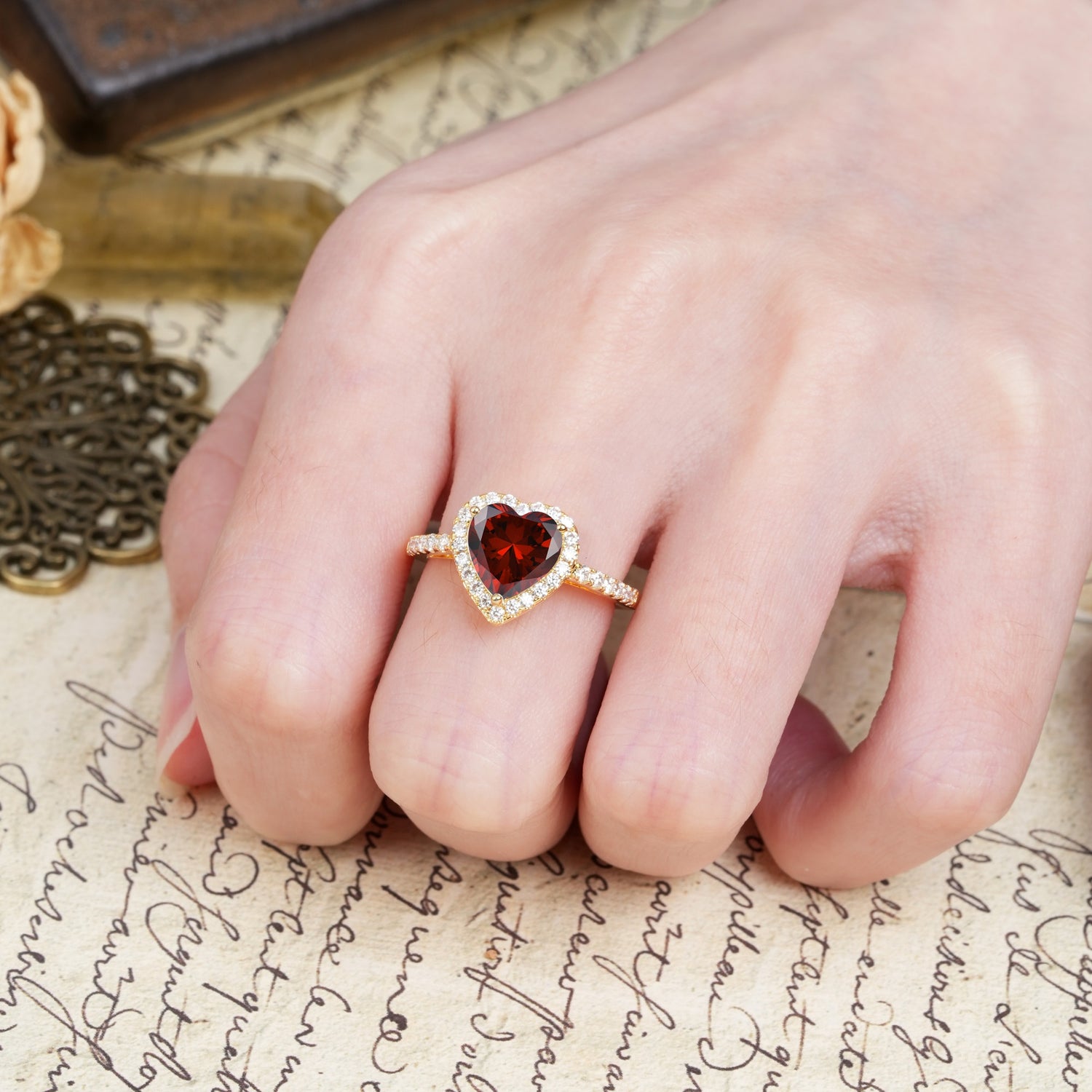 Luxurious & Romantic 3-Prong Heart Cut Garnet Engagement Ring - Additional view