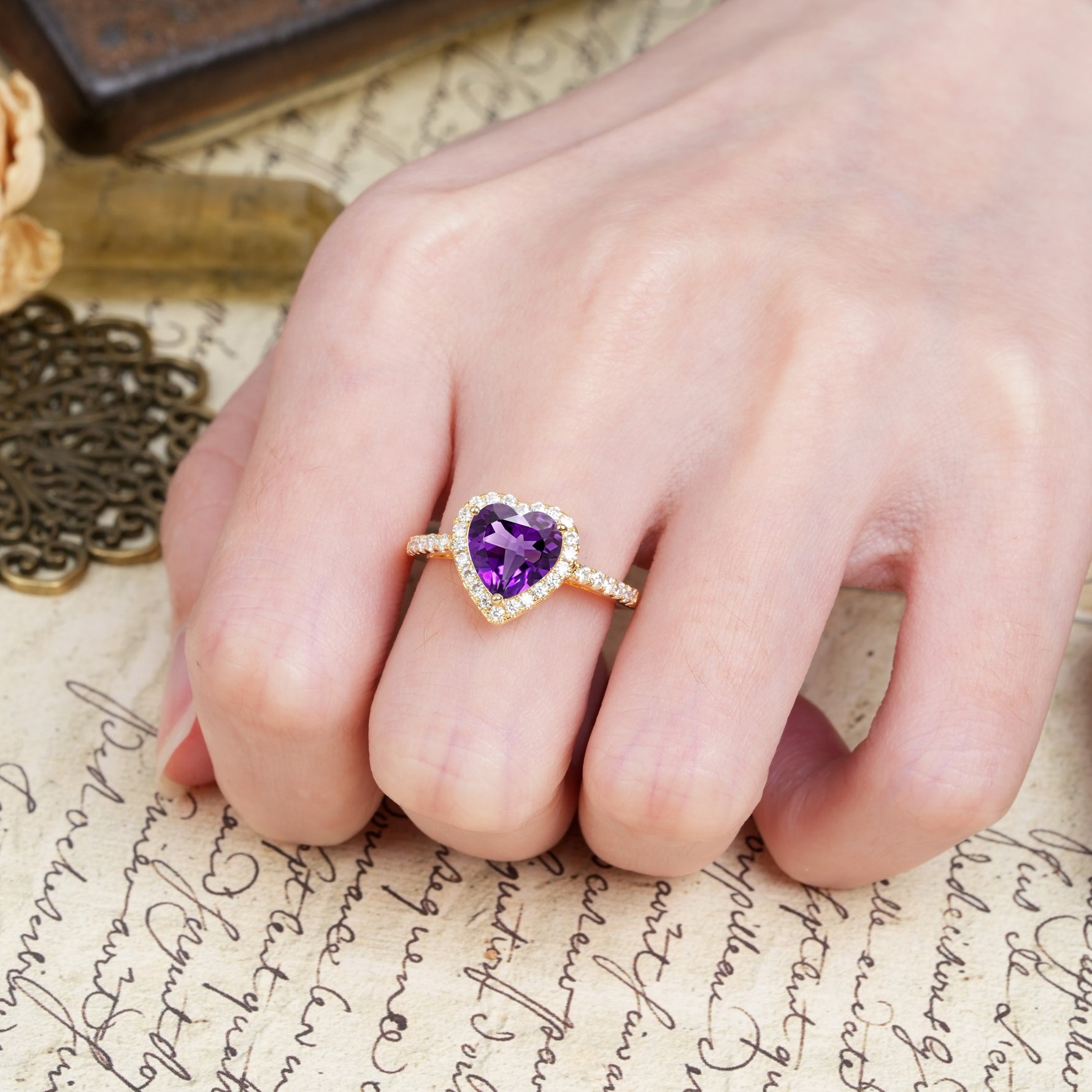 Luxurious & Romantic 3-Prong Heart Cut Amethyst Engagement Ring - Additional view