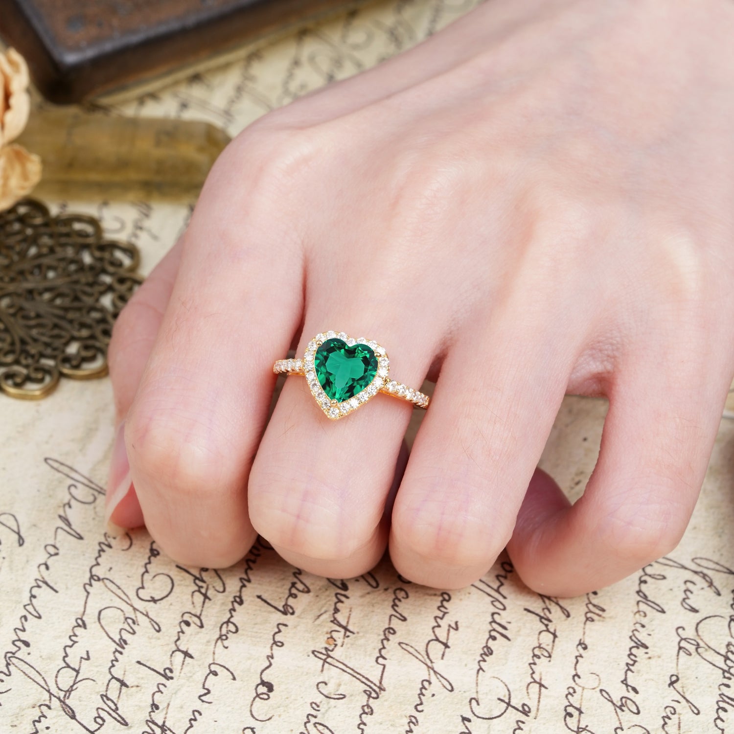 Luxurious & Romantic 3-Prong Heart Cut Emerald Engagement Ring - Additional view