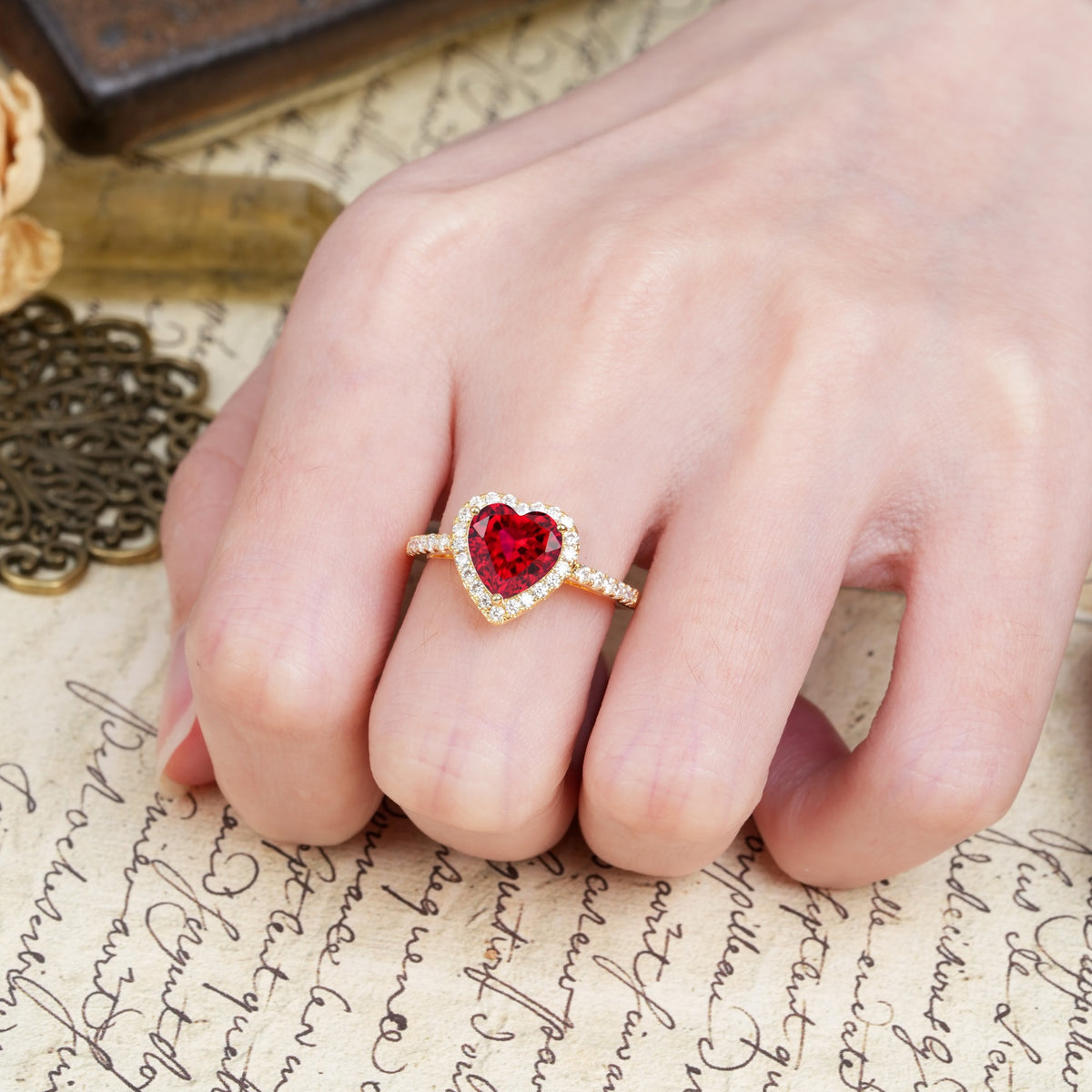 Luxurious & Romantic 3-Prong Heart Cut Ruby Engagement Ring - Additional view