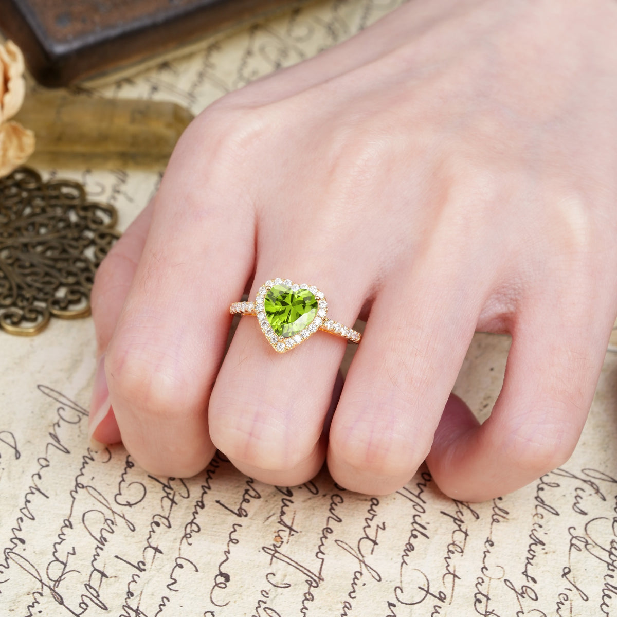 Luxurious & Romantic 3-Prong Heart Cut Peridot Engagement Ring - Additional view