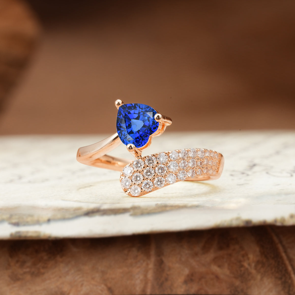 Unique & Luxurious Single-Row Pavé, 3-Prong, Heart-Cut Diamond Ring Sapphire Engagement Ring - Additional view