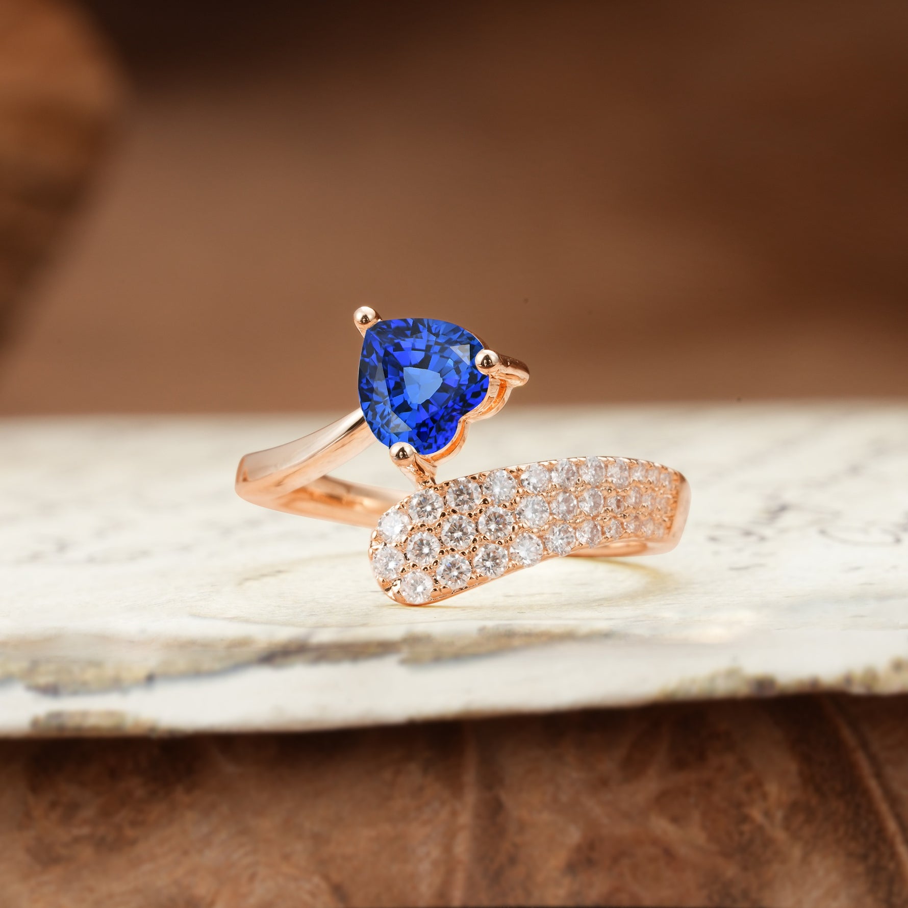 Unique & Luxurious Single-Row Pavé, 3-Prong, Heart-Cut Diamond Ring Sapphire Engagement Ring - Additional view