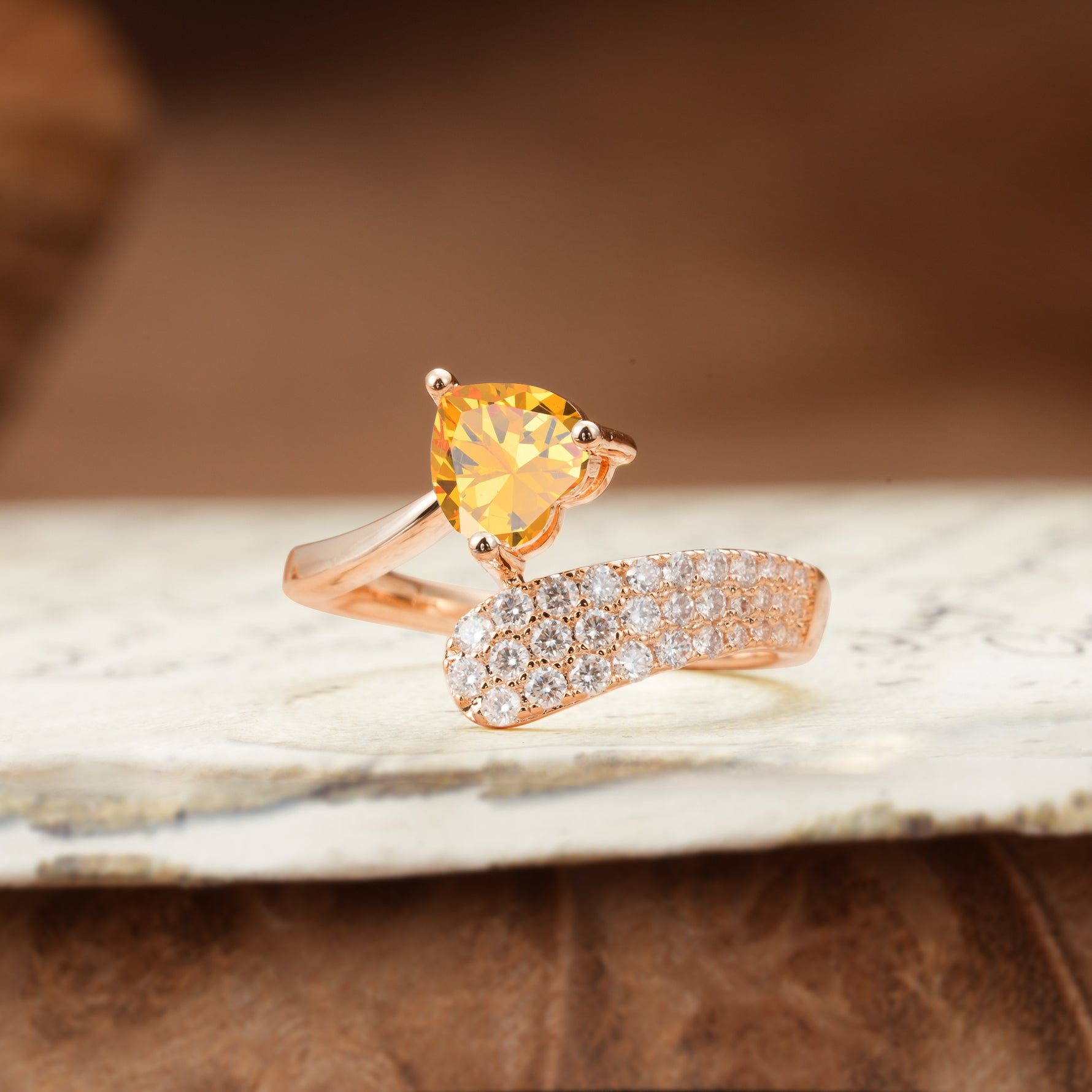 Unique & Luxurious Single-Row Pavé, 3-Prong, Heart-Cut Diamond Ring Citrine Engagement Ring - Additional view