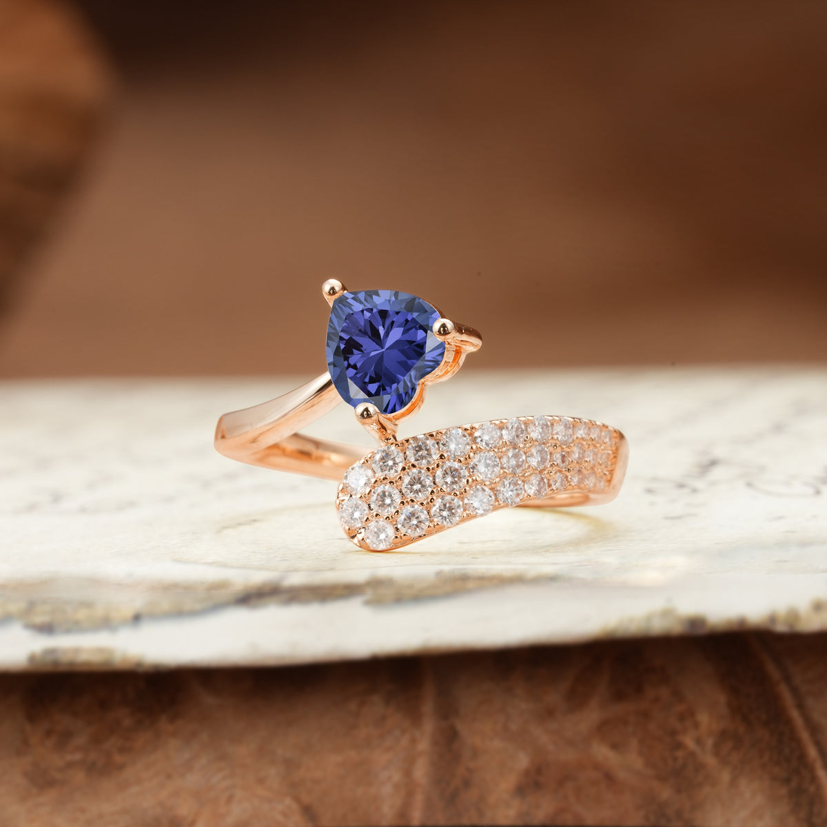 Unique & Luxurious Single-Row Pavé, 3-Prong, Heart-Cut Diamond Ring Tanzanite Engagement Ring - Additional view