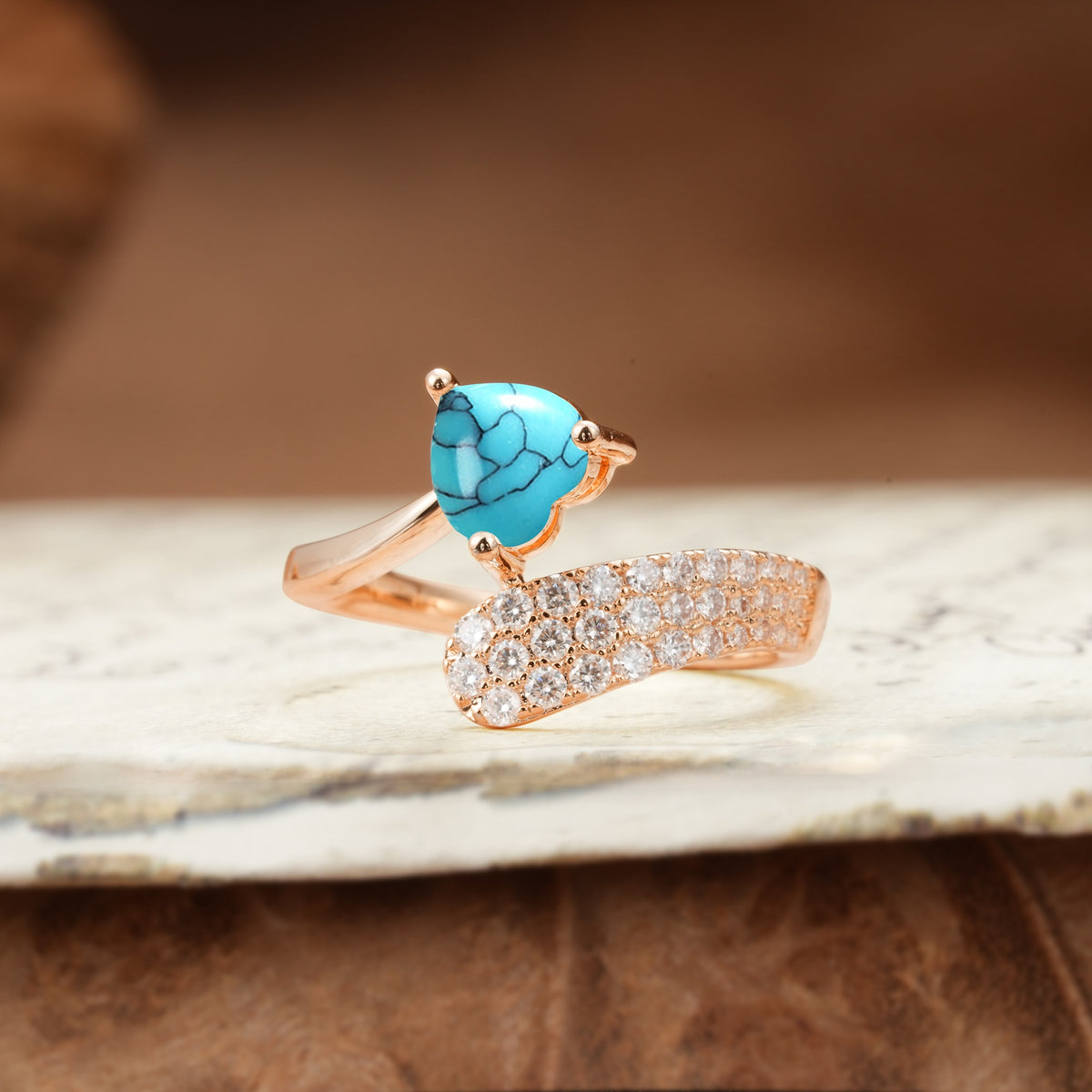 Unique & Luxurious Single-Row Pavé, 3-Prong, Heart-Cut Diamond Ring Turquoise Engagement Ring - Additional view