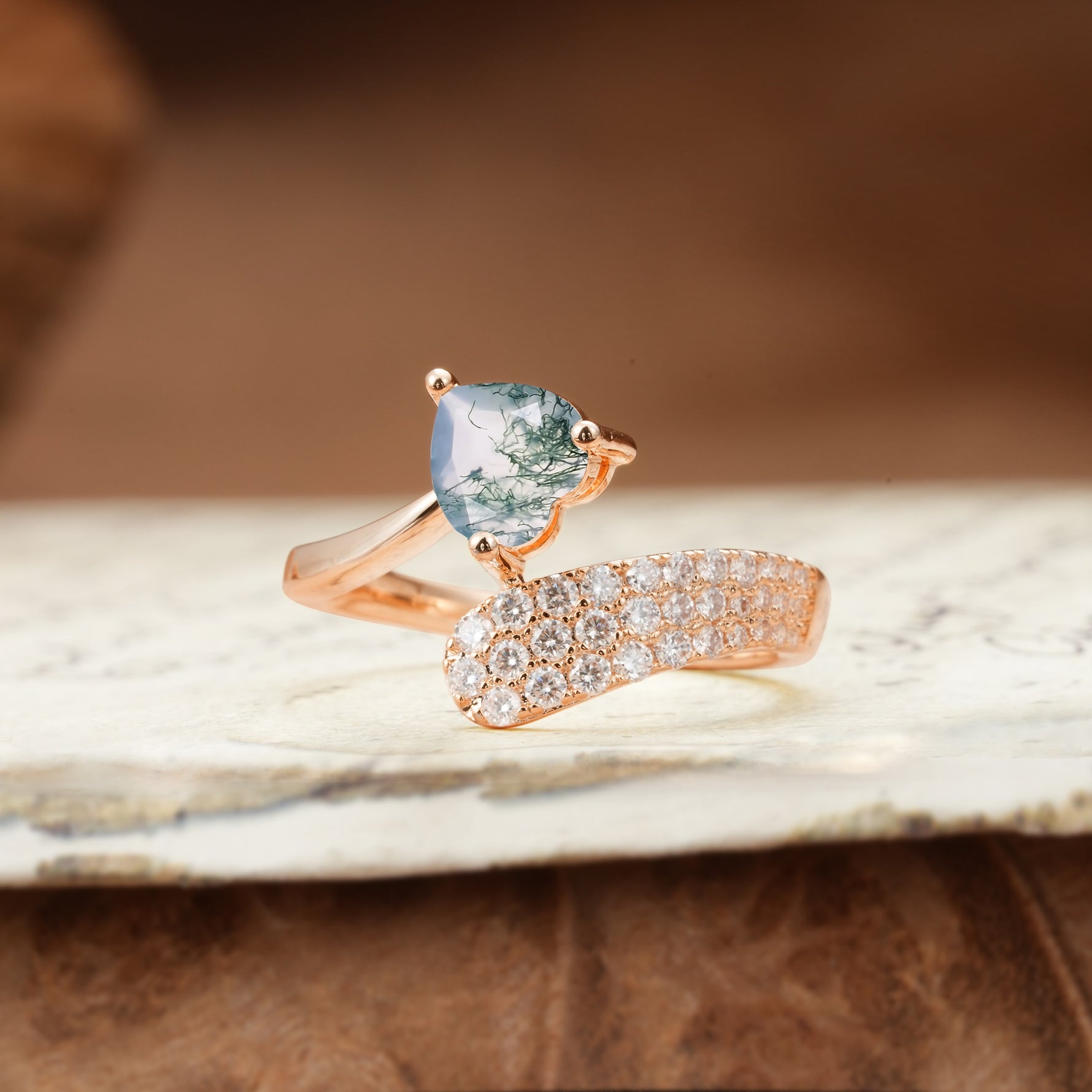 Unique & Luxurious Single-Row Pavé, 3-Prong, Heart-Cut Diamond Ring Moss Agate Engagement Ring - Additional view
