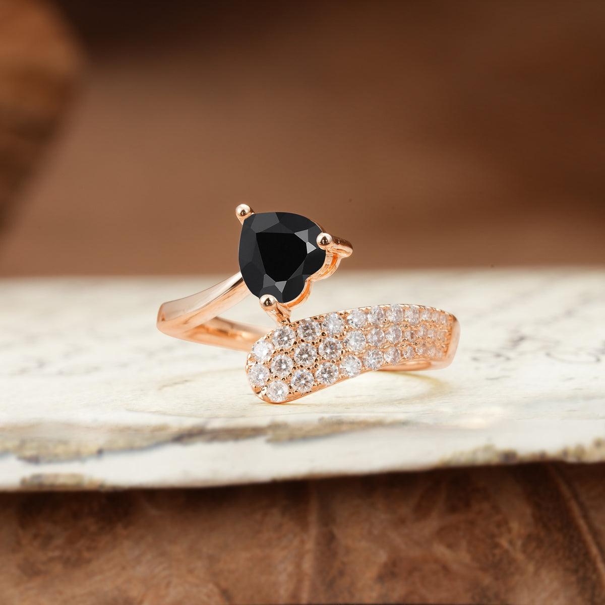Unique & Luxurious Single-Row Pavé, 3-Prong, Heart-Cut Diamond Ring Black Onyx Engagement Ring - Additional view