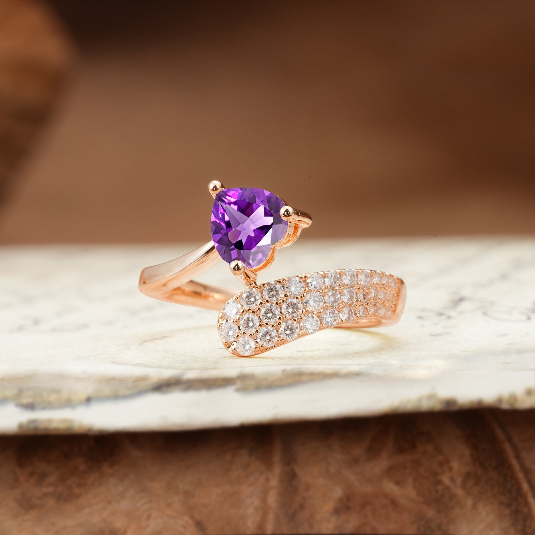 Unique & Luxurious Single-Row Pavé, 3-Prong, Heart-Cut Diamond Ring Amethyst Engagement Ring - Additional view