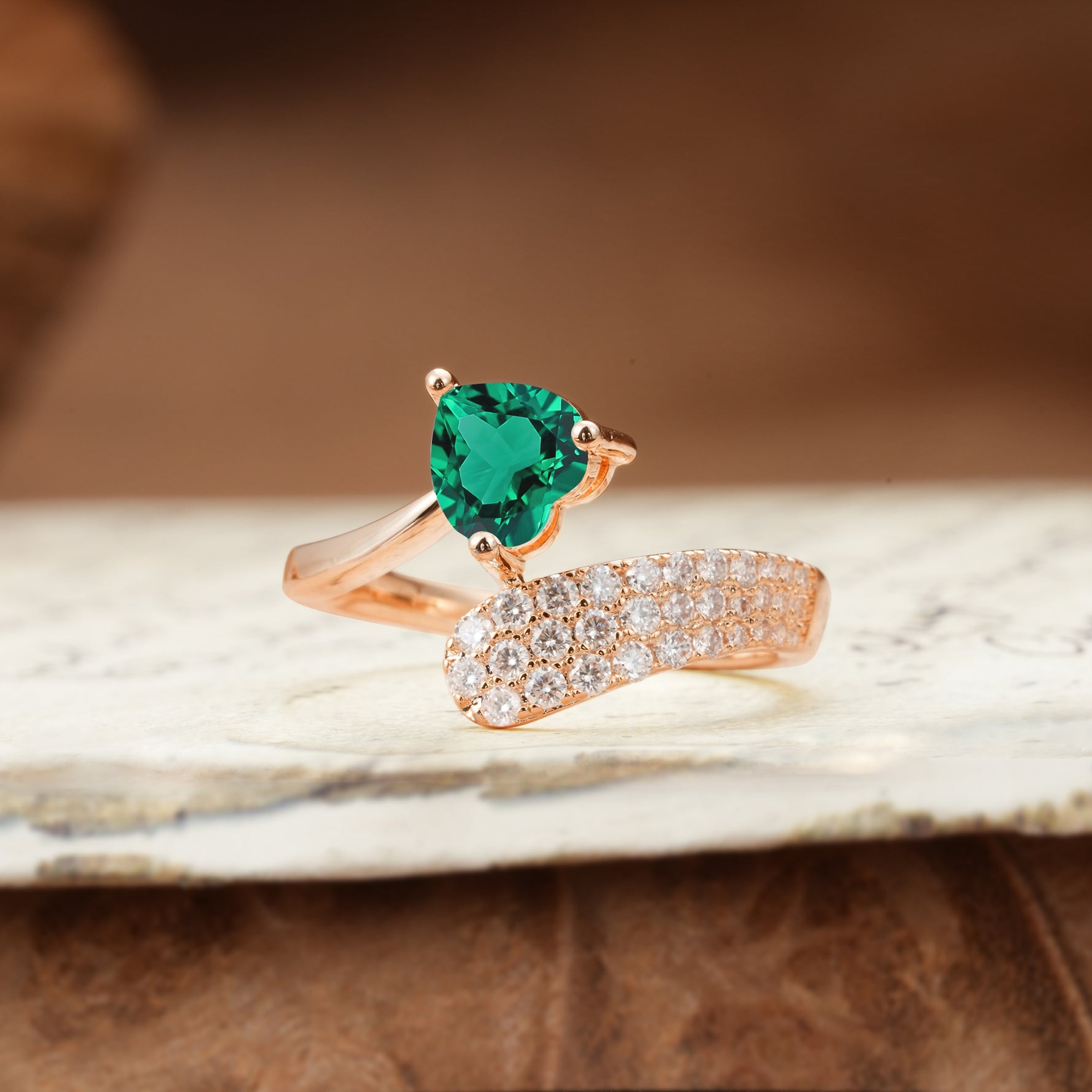 Unique & Luxurious Single-Row Pavé, 3-Prong, Heart-Cut Diamond Ring Emerald Engagement Ring - Additional view