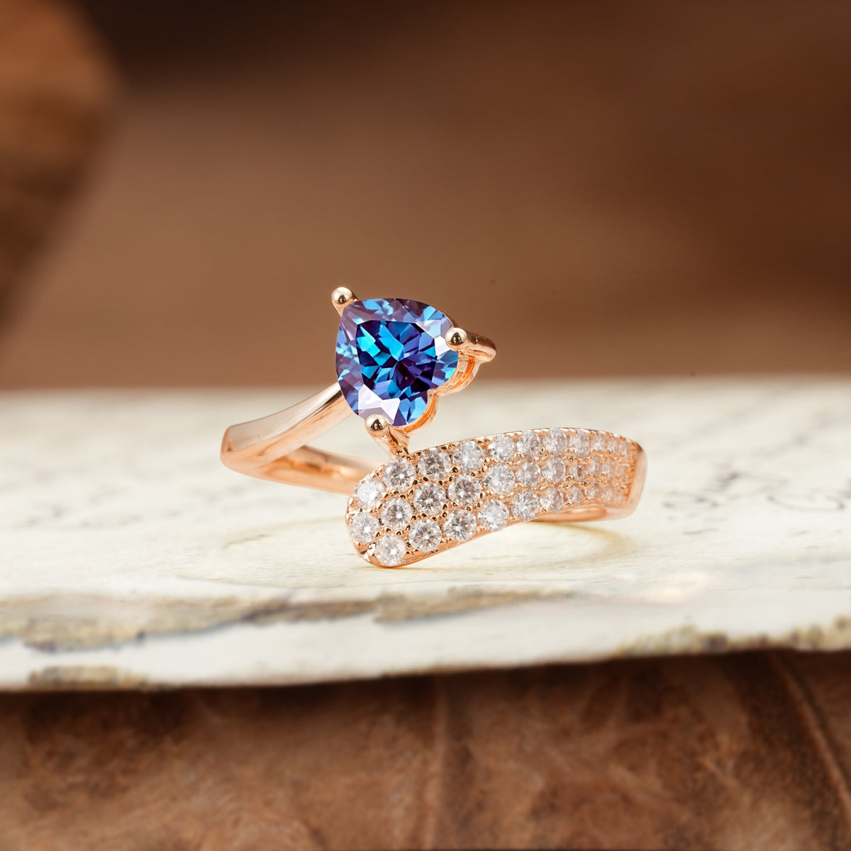 Unique & Luxurious Single-Row Pavé, 3-Prong, Heart-Cut Diamond Ring Alexandrite Engagement Ring - Additional view